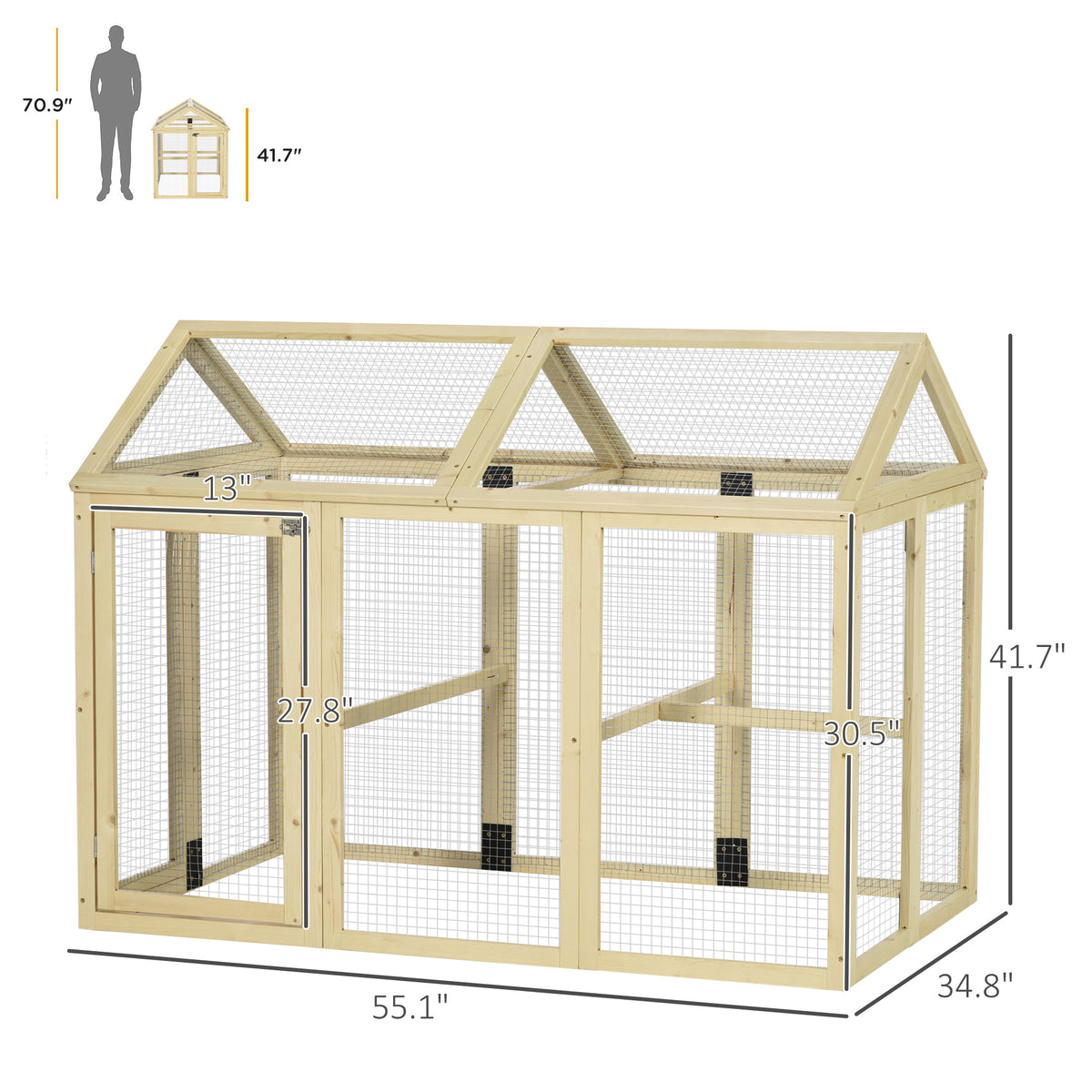 Wooden Chicken Run with Perches - Combinable Design, Natural Wood, 830x380x560mm