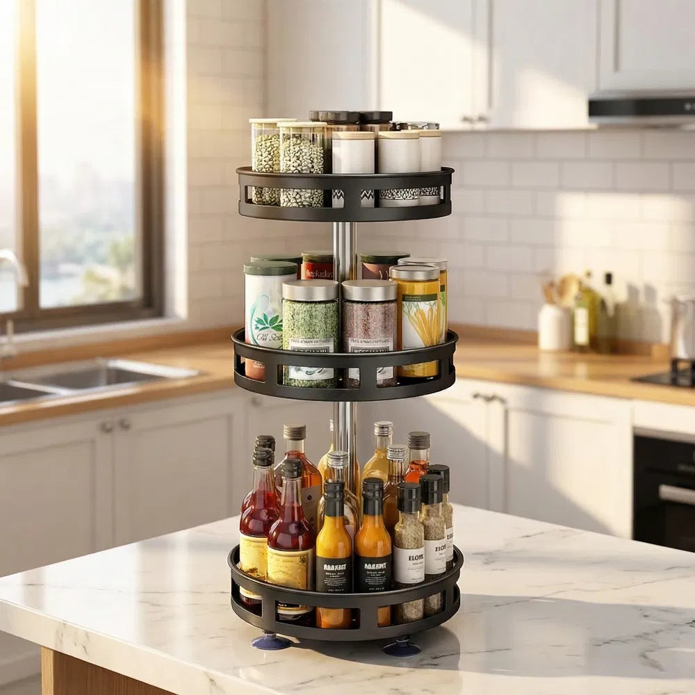 3-Tier Rotating Spice Rack Organizer – Carbon Steel 360° Metal