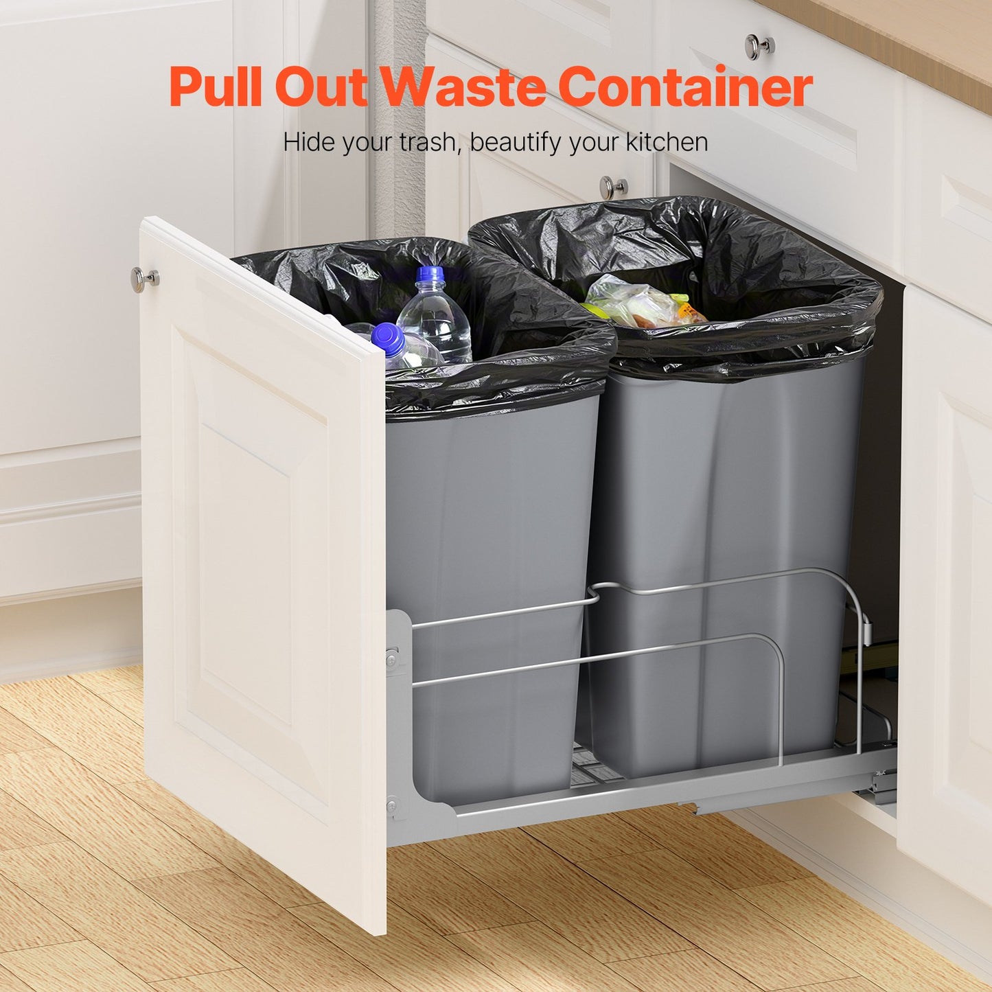 Pull-Out Trash Can with Soft Close - Dual 35QT Capacity, Grey