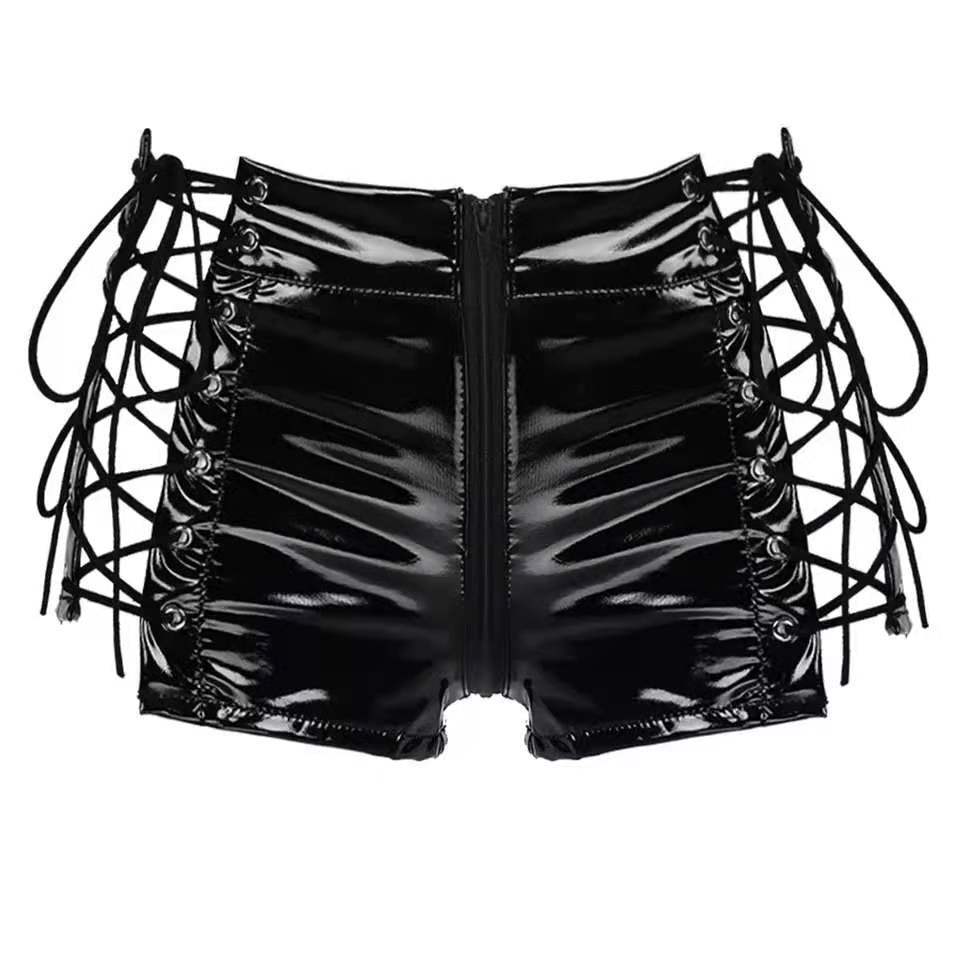 Women's High Shine PVC Patent Leather Zip Shorts - Black, Multiple Sizes