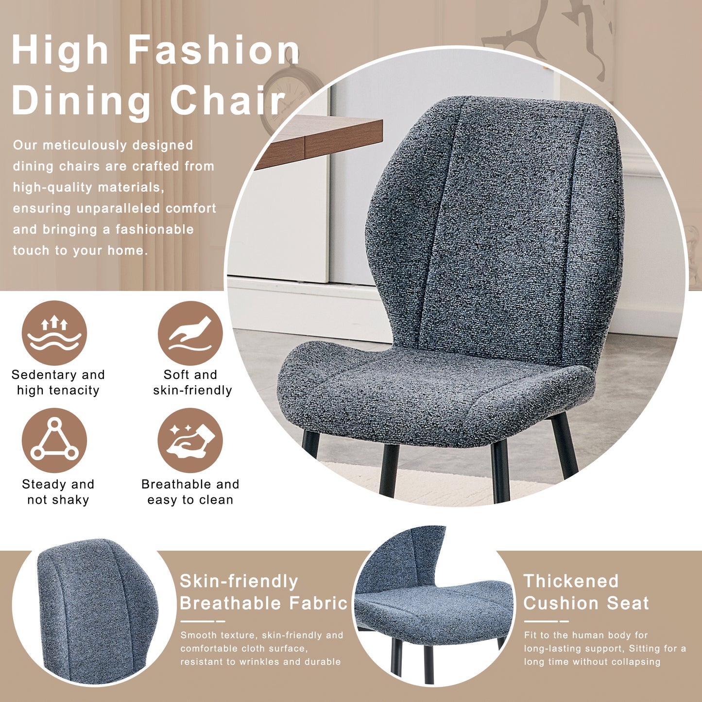 4-pack Of Modern Minimalist Dining Chairs In Smog Blue Fabric,