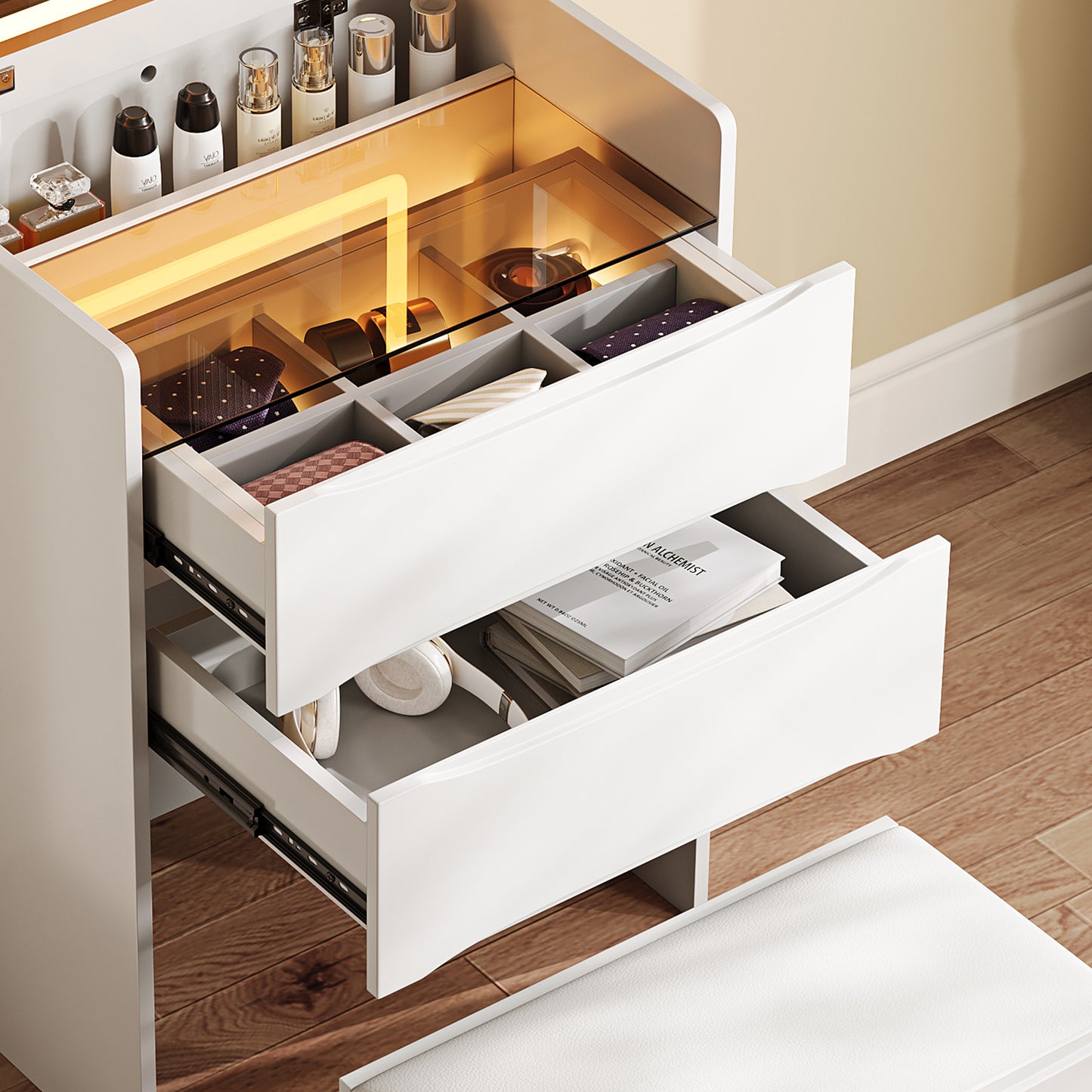 3-in-1 Vanity Table With LED Mirror & Storage Stool, Flip Top Makeup