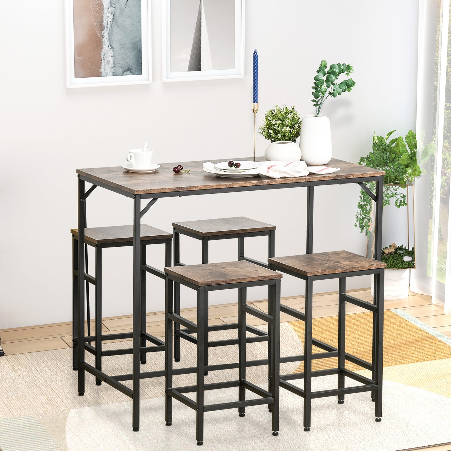 5-Piece Rustic Bar Table Set with 4 Stools - Space Saving Design