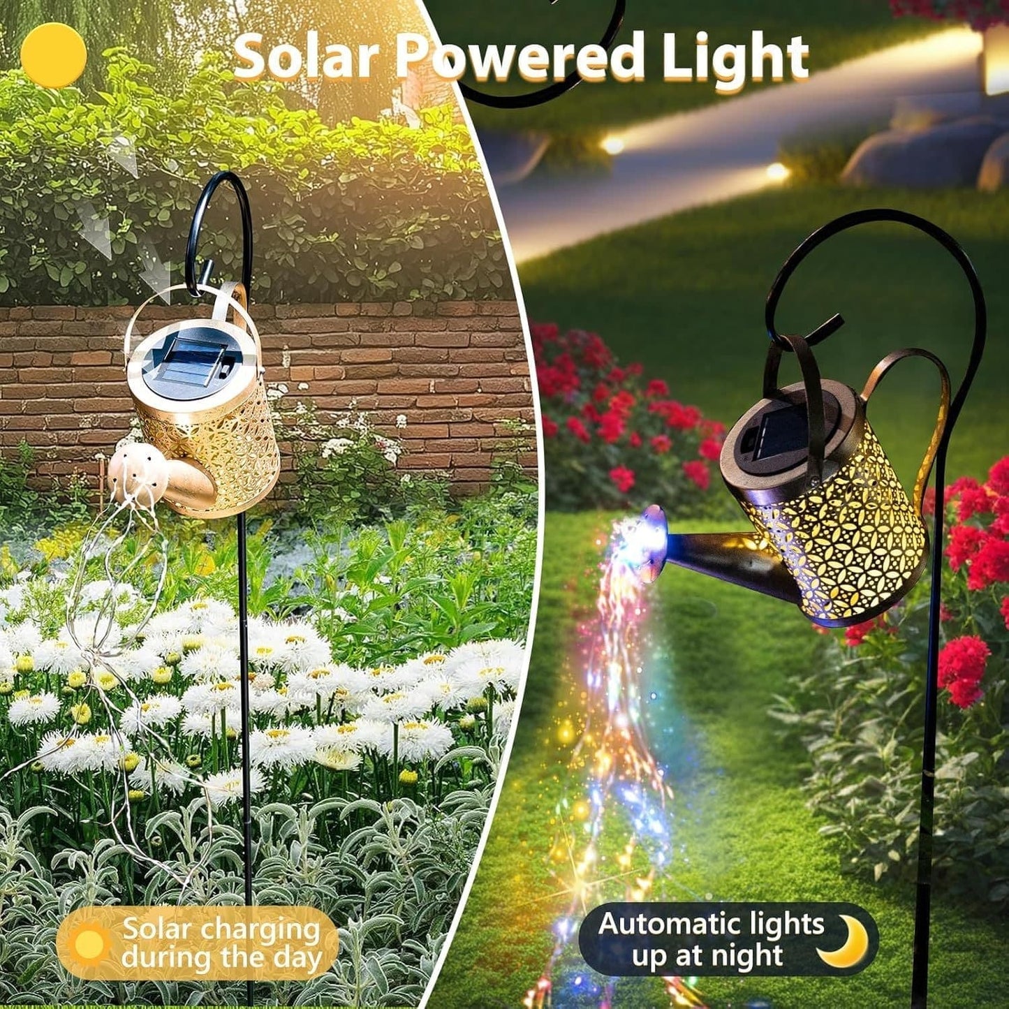 Outdoor Solar Watering Can Lantern String Lights Garden Decor Waterproof Metal Kettle