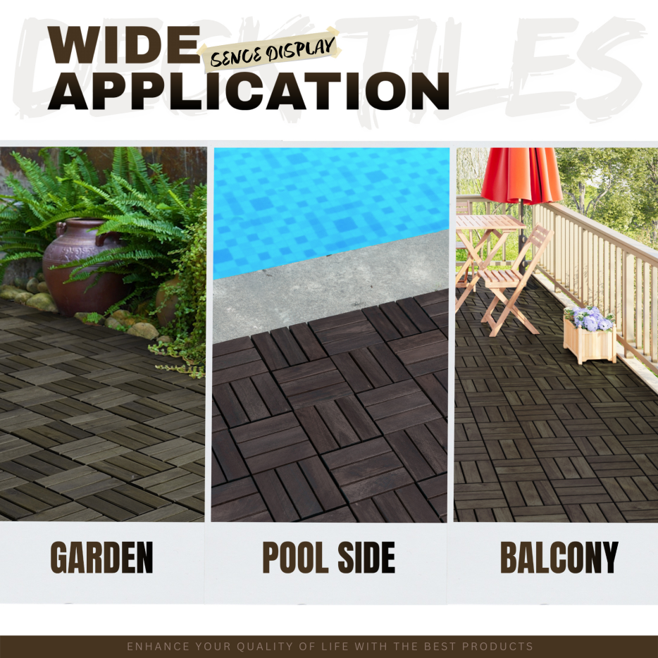 Interlocking Acacia Wood Deck Tiles 30 pcs 12x12 Inches Outdoor Flooring - Dark Brown