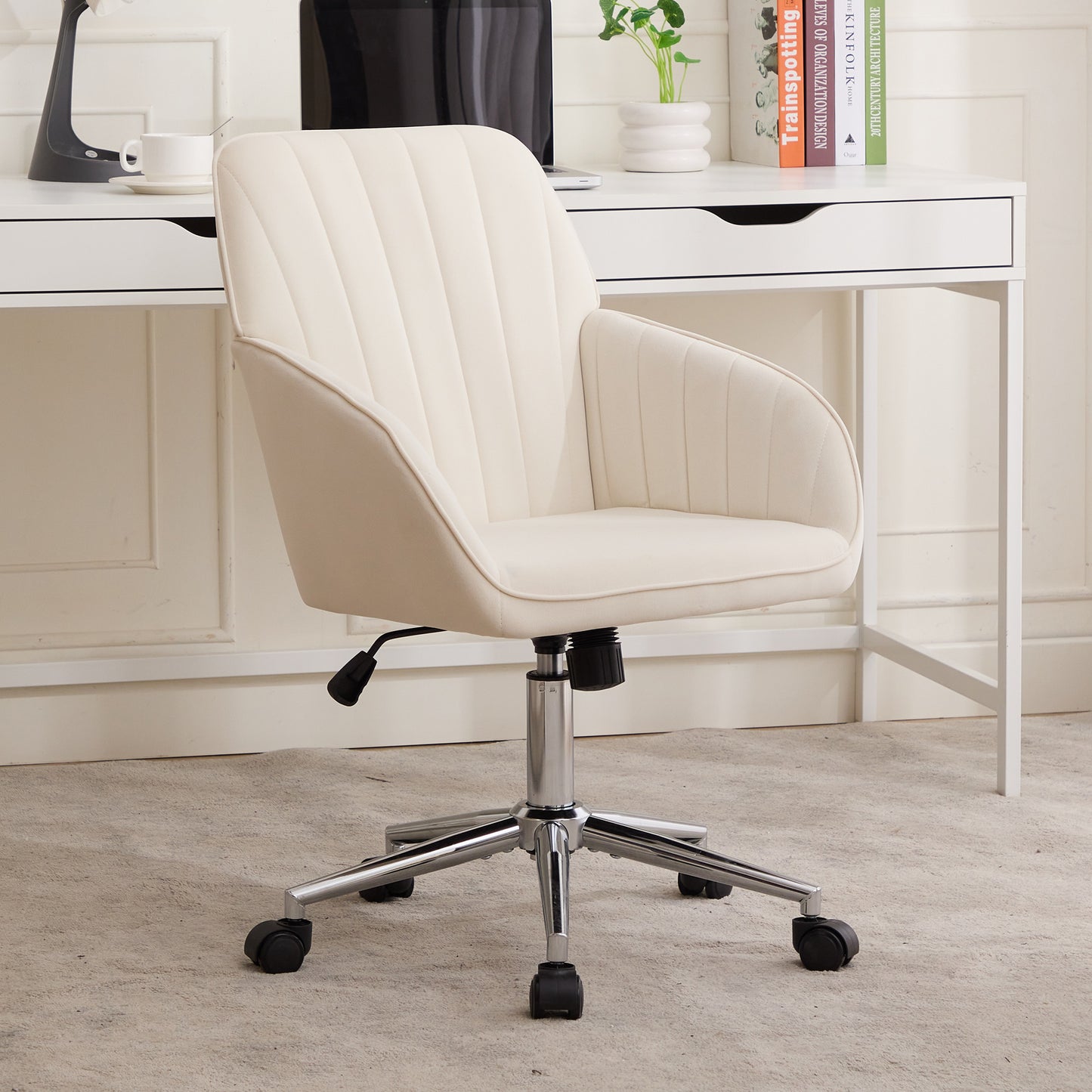 Ergonomic Adjustable Office Chair - Beige Velvet Swivel Chair