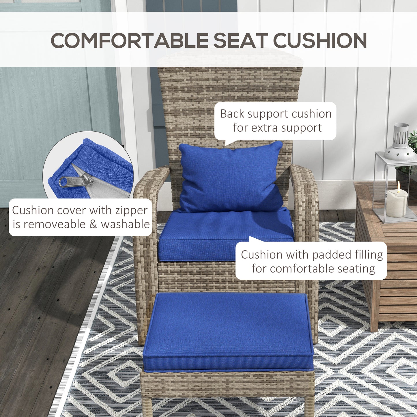Wicker Adirondack Chair with Ottoman & Cushions - Blue