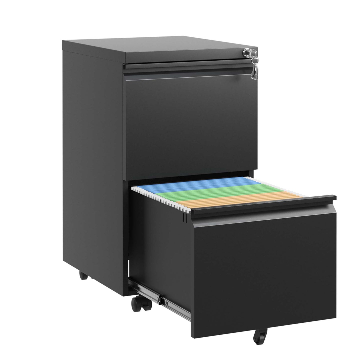 2 Drawer Mobile File Cabinet with Lock - Black Metal Office Storage