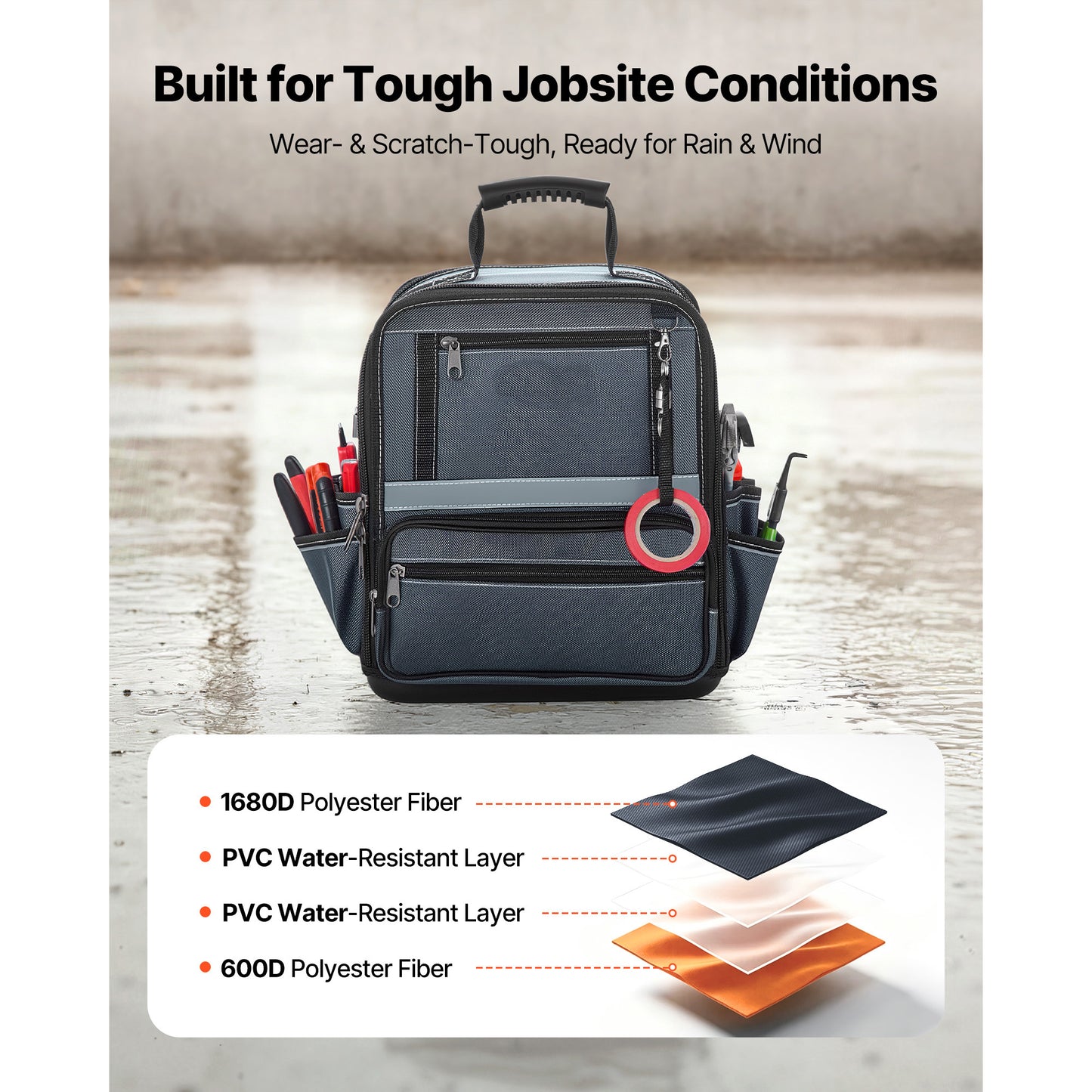 Large 13.2 Inch Tool Bag with 34 Pockets, Hard Plastic Base, Zipper & Adjustable Shoulder Strap