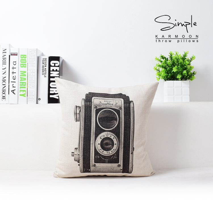 Vintage Camera Bicycle Cushion Cover - Cotton Linen Pillowcase, 43x43cm