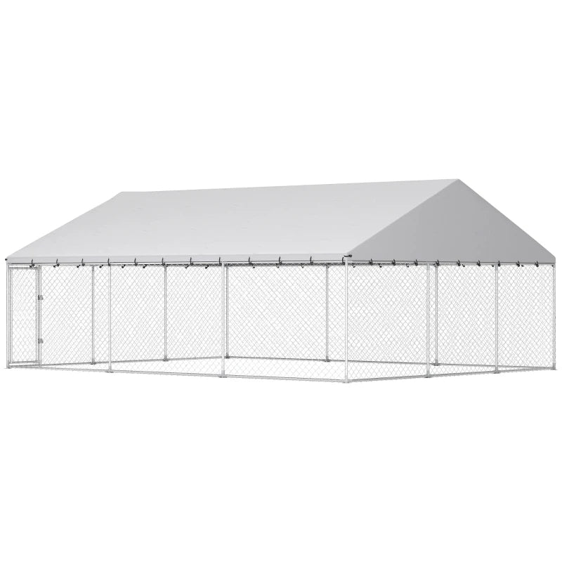 Heavy Duty Outdoor Dog Kennel with Waterproof Roof & Secure Latches - 20x15x8 ft, Silver