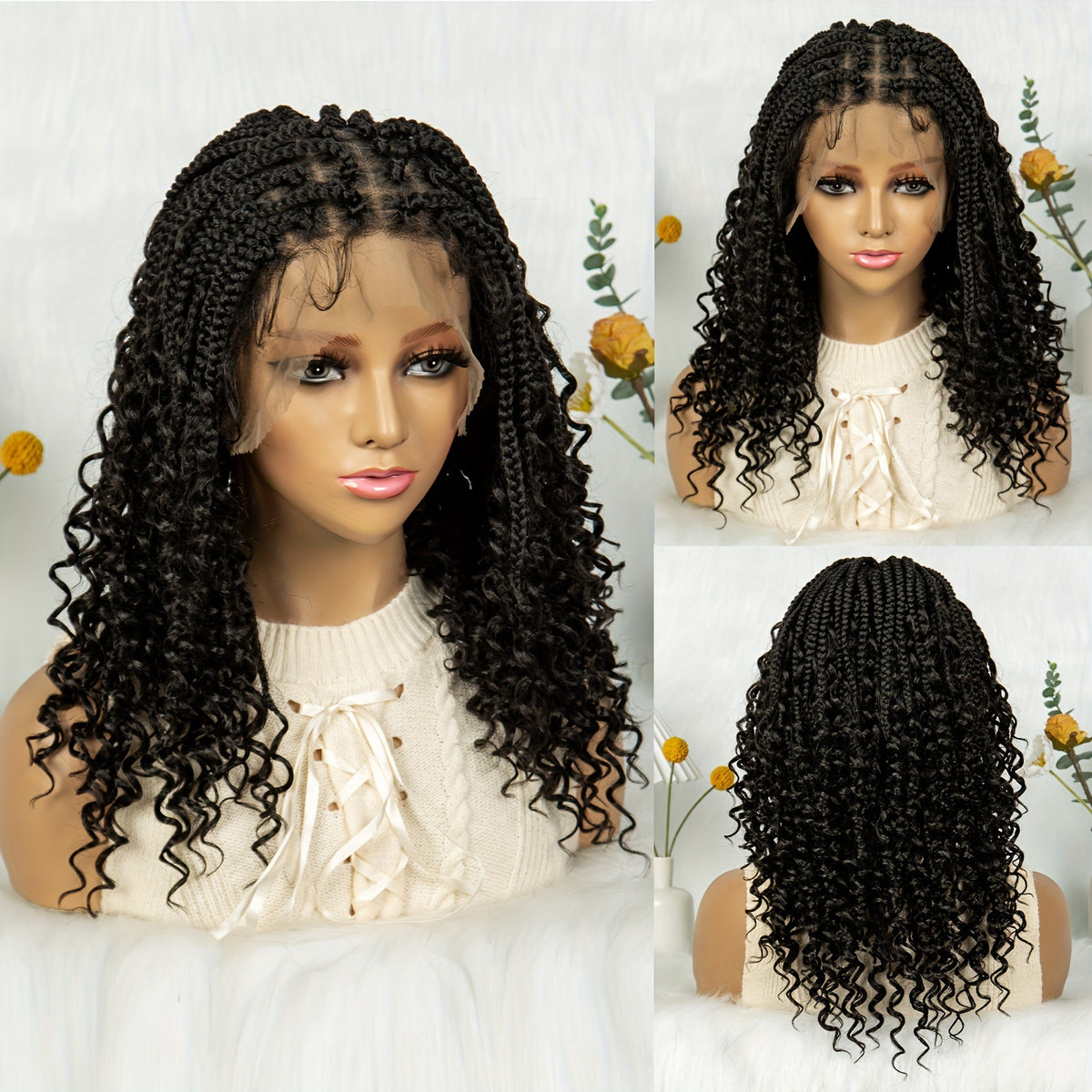 Three-Strand Braid Full Lace Synthetic Wig for Women - Long Curly Hair with Side Bangs