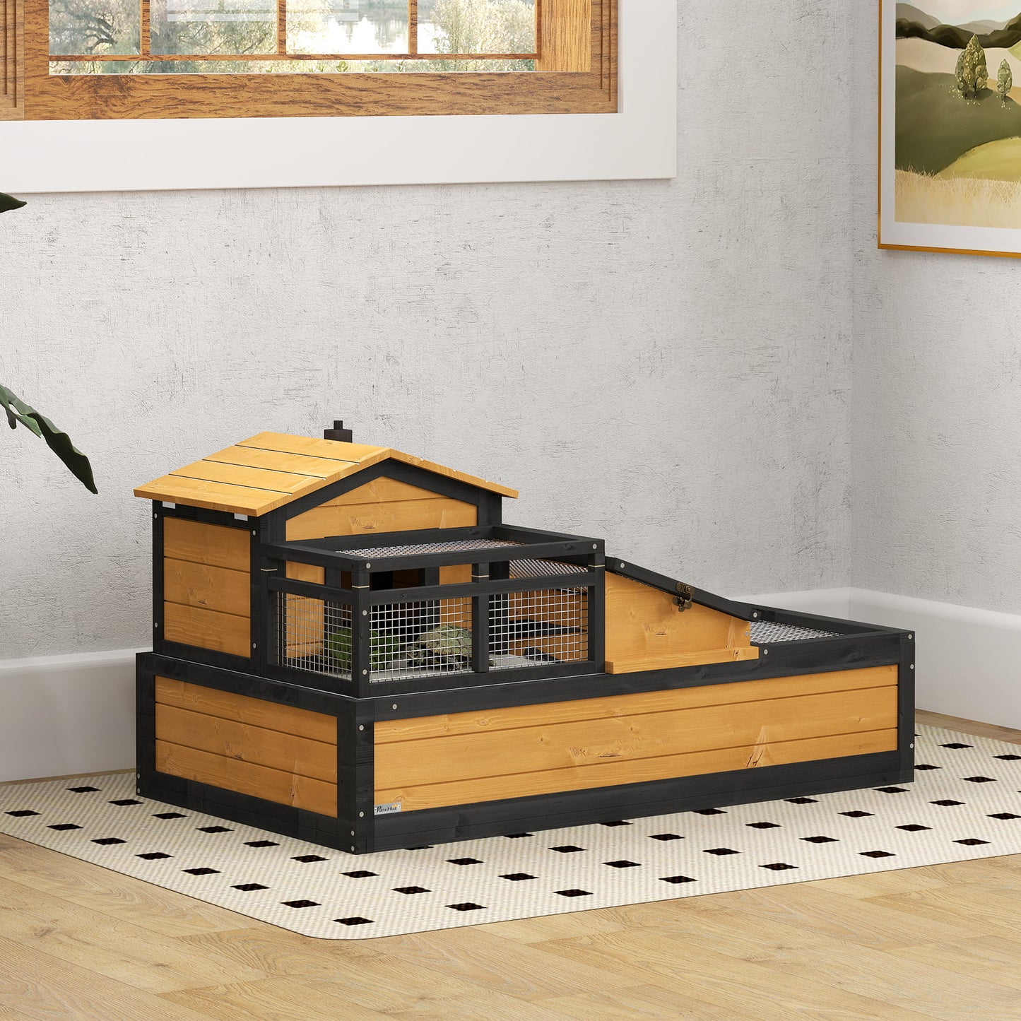 Large 3-Room Tortoise Habitat House with Balcony & Openable Roofs - Yellow