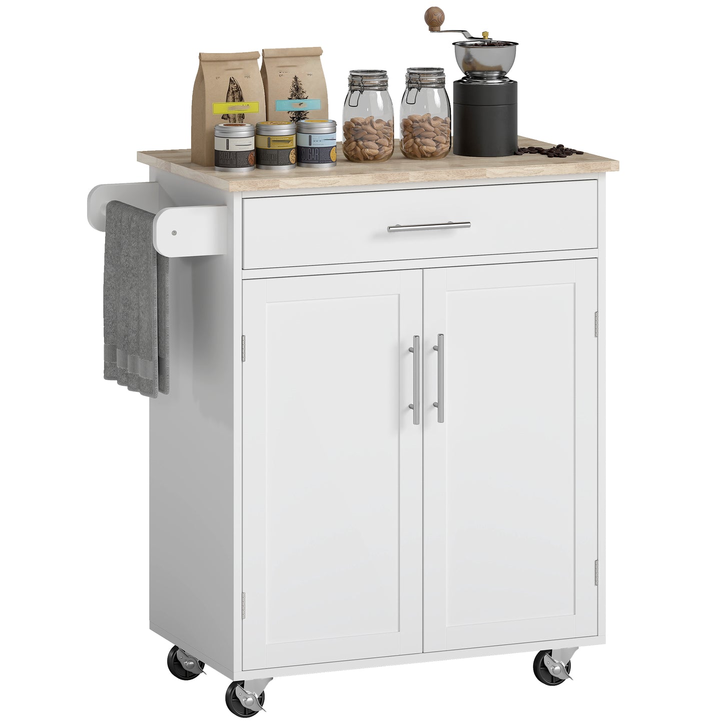 Rolling Kitchen Island Cart with Solid Wood Top & Storage - White