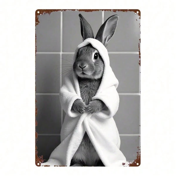 Black and White Rabbit Metal Sign - 8x12 Inch Wall Art