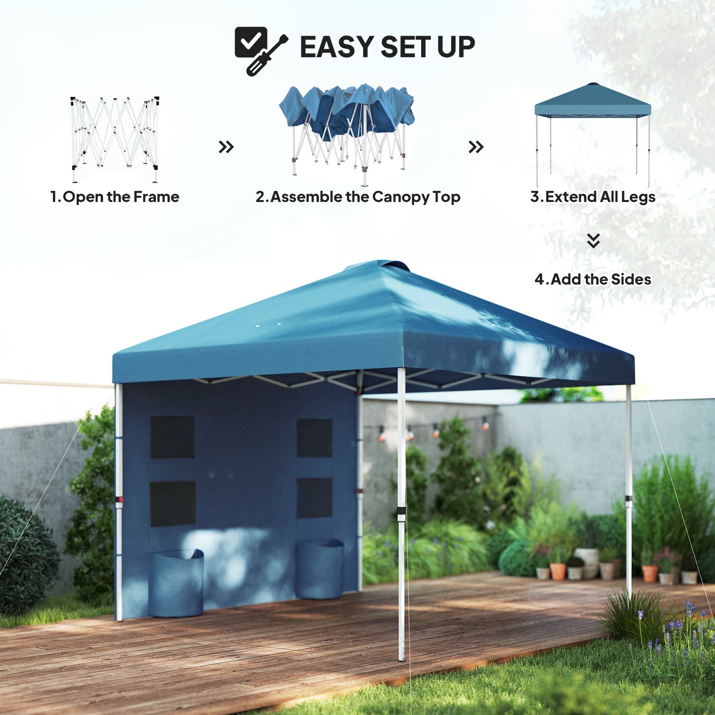10x10 Pop Up Canopy Tent with Sidewall - Sea Blue
