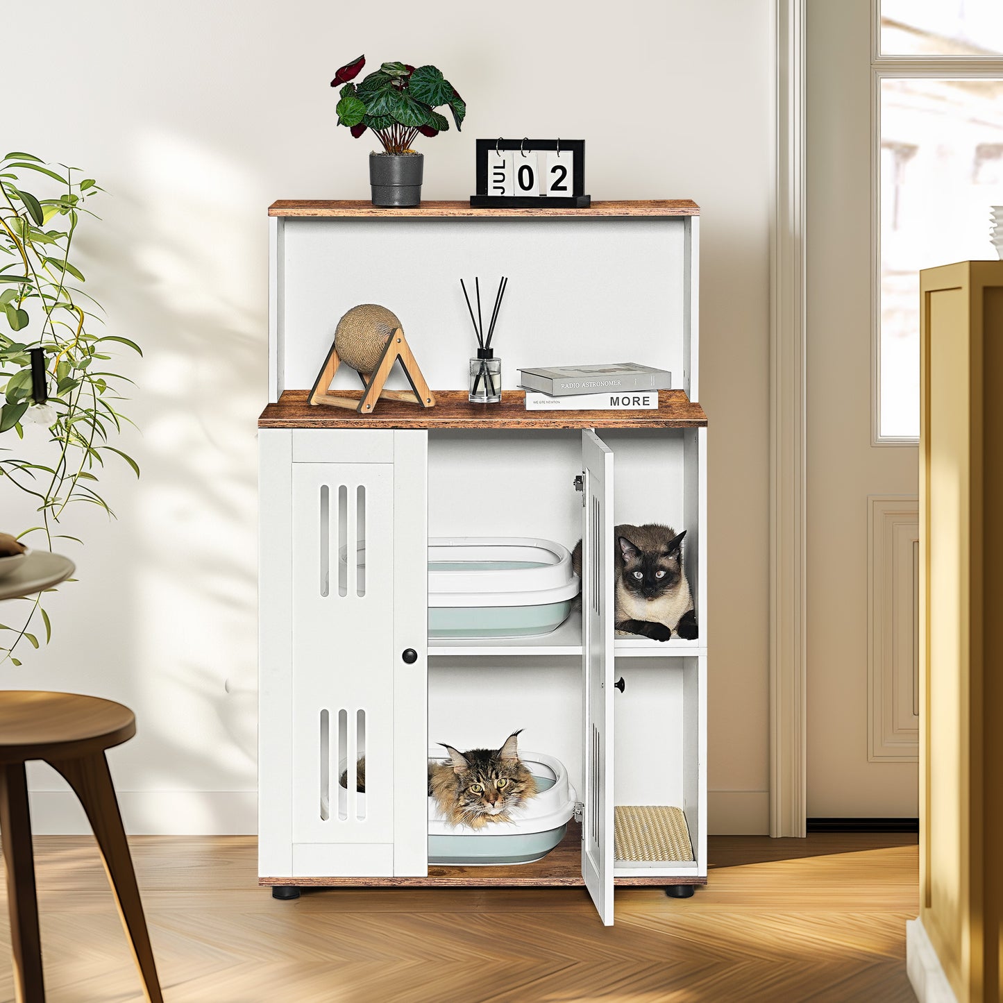 Litter Box Enclosure For 2 Cats,Hidden Cat Furniture, Double Cabinet,