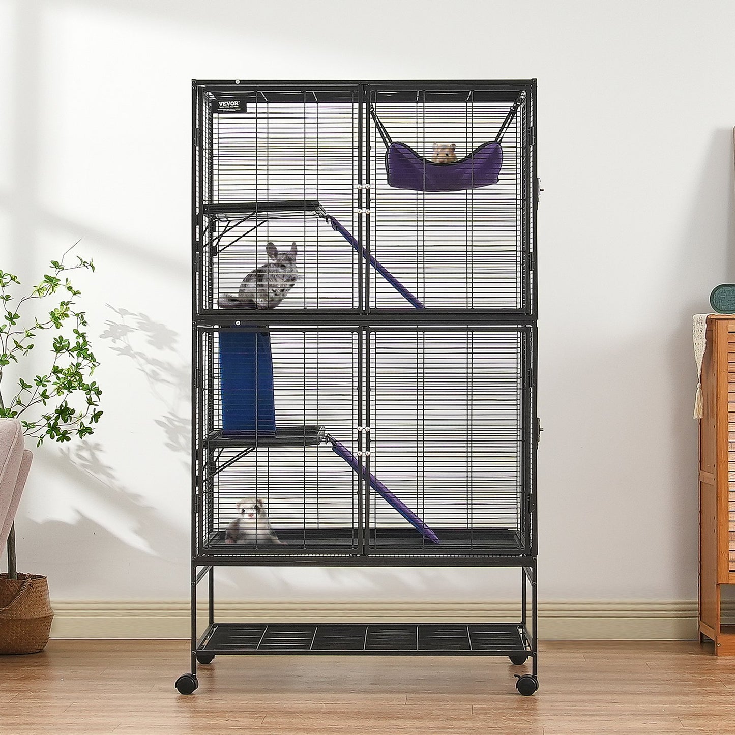 Small Animal Cage 4-Tier Metal Ferret Enclosure with Ramps and Tray - Black