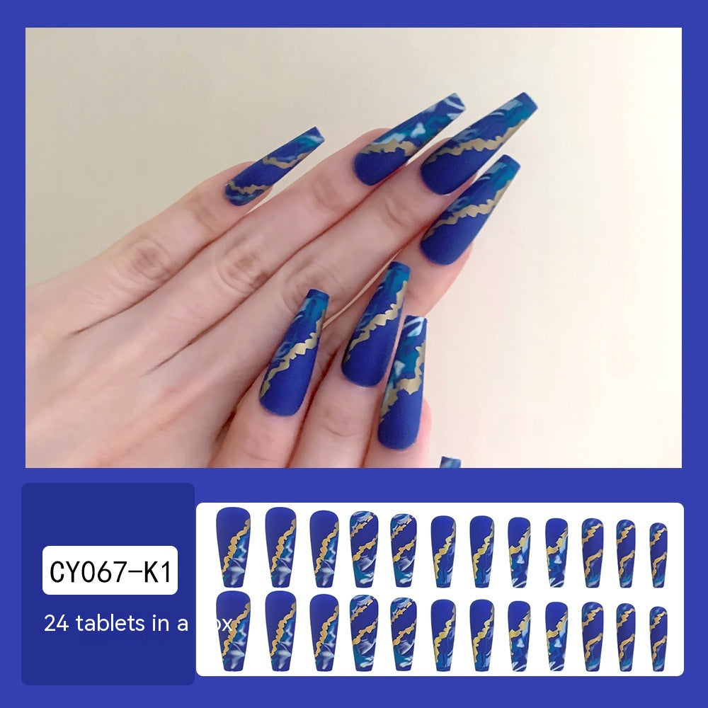 Blue Flame Marbling Fake Nail Patches with Glue - Starry Sky Design