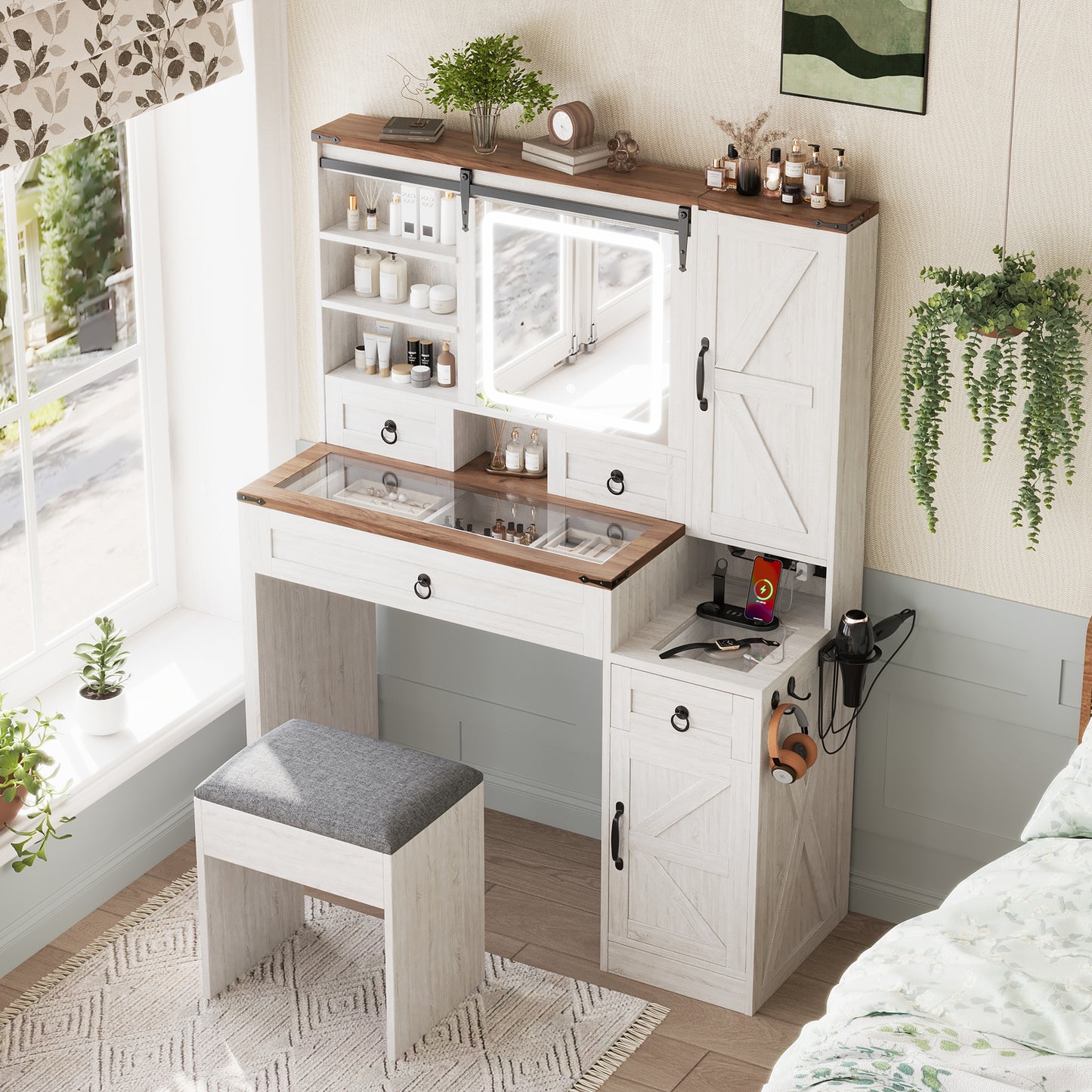 Farmhouse Vanity Desk With Sliding Mirror And Lights, Set Glass Top