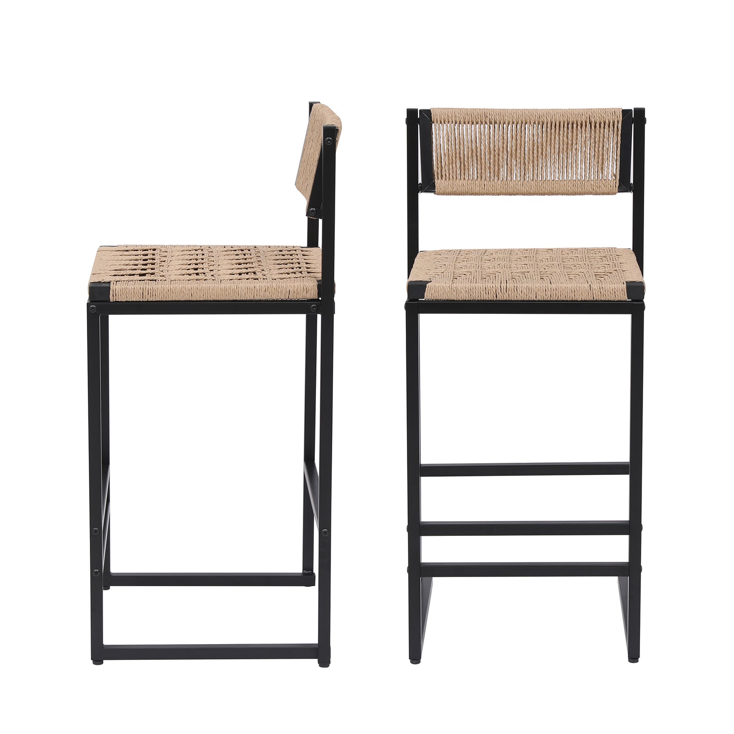 Set of 2 Kitchen Bar Stools with Footrest - Paper Rope Weave, Honey