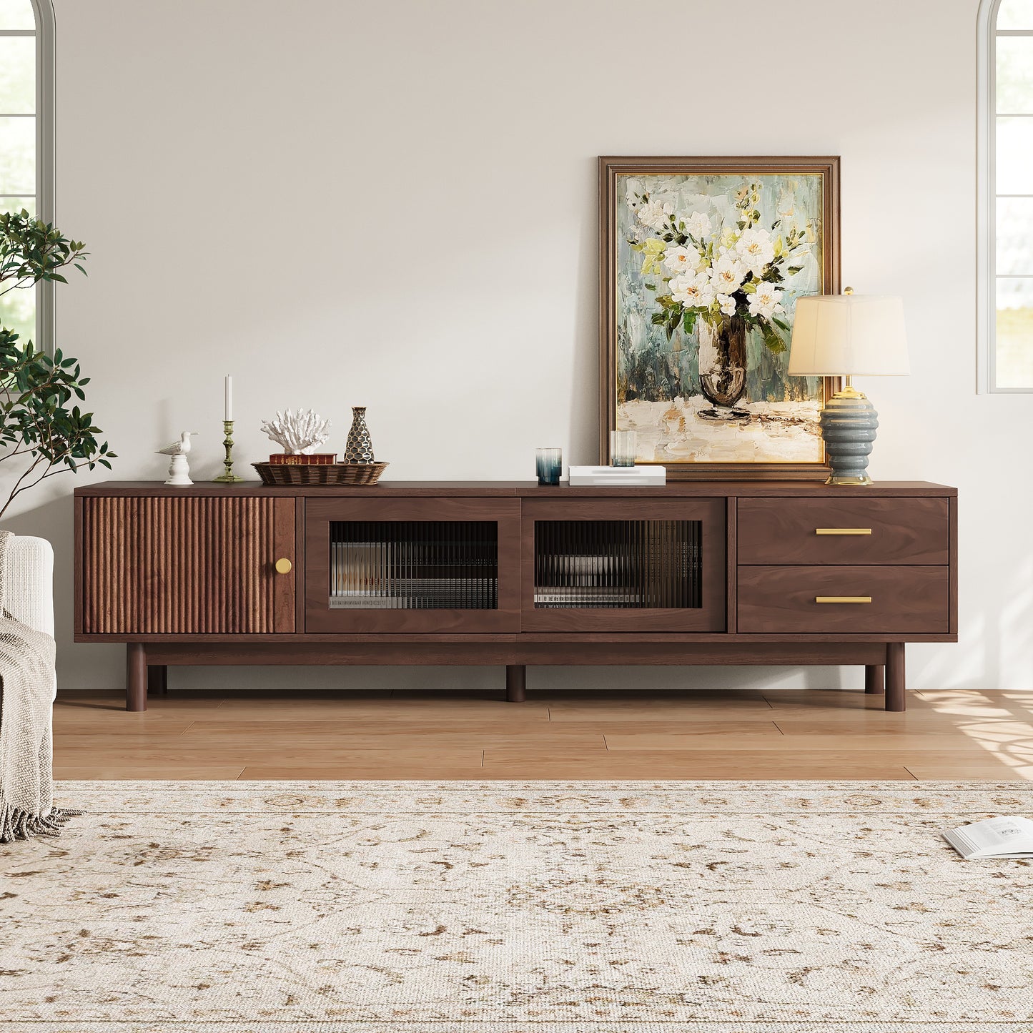 70-Inch Mid Century Modern TV Stand with Glass Sliding Doors