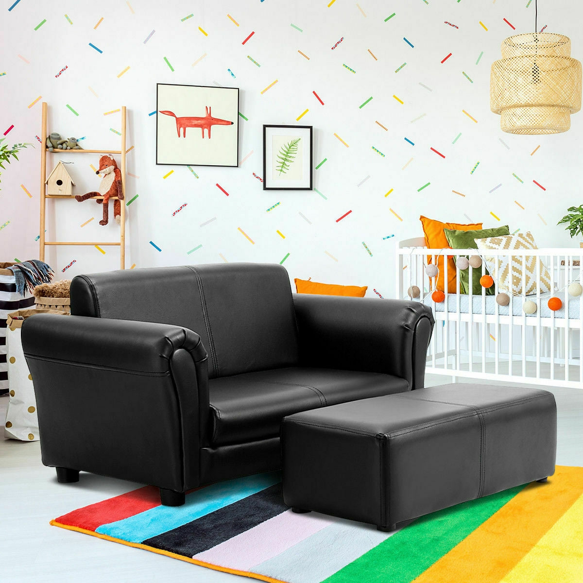 Kids Double Sofa with Ottoman - Black & White