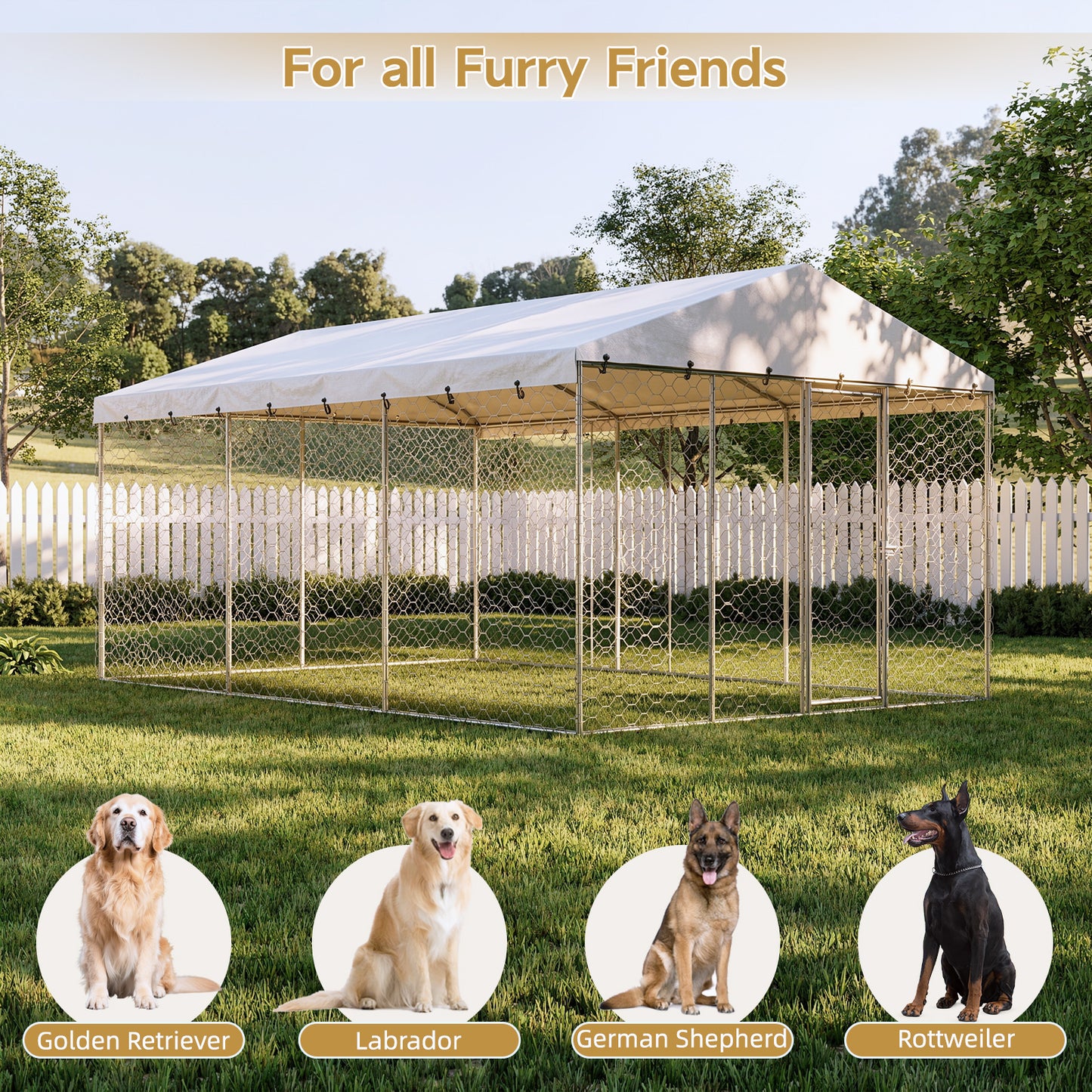 Large Outdoor Dog Kennel with Canopy - Heavy Duty Galvanized Steel Frame, Waterproof Cover, Escape-Proof Locking Pet Pen for Large Dogs