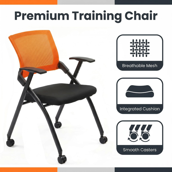 Stackable Folding Office Chair with Wheels - Ergonomic Padded Seat, 350lbs Capacity, Orange
