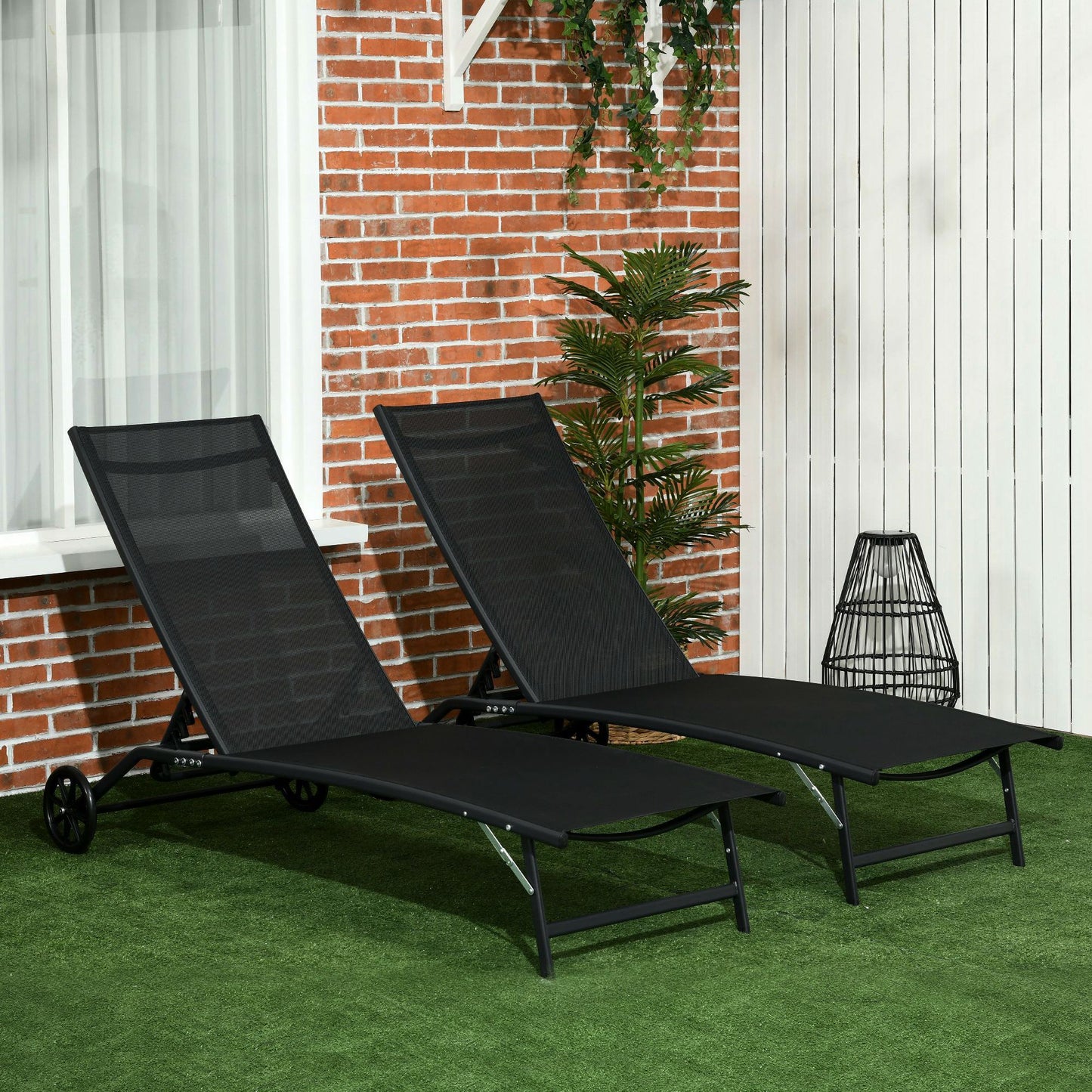 2-Piece Outdoor Chaise Lounge Chair Set with Wheels - Black