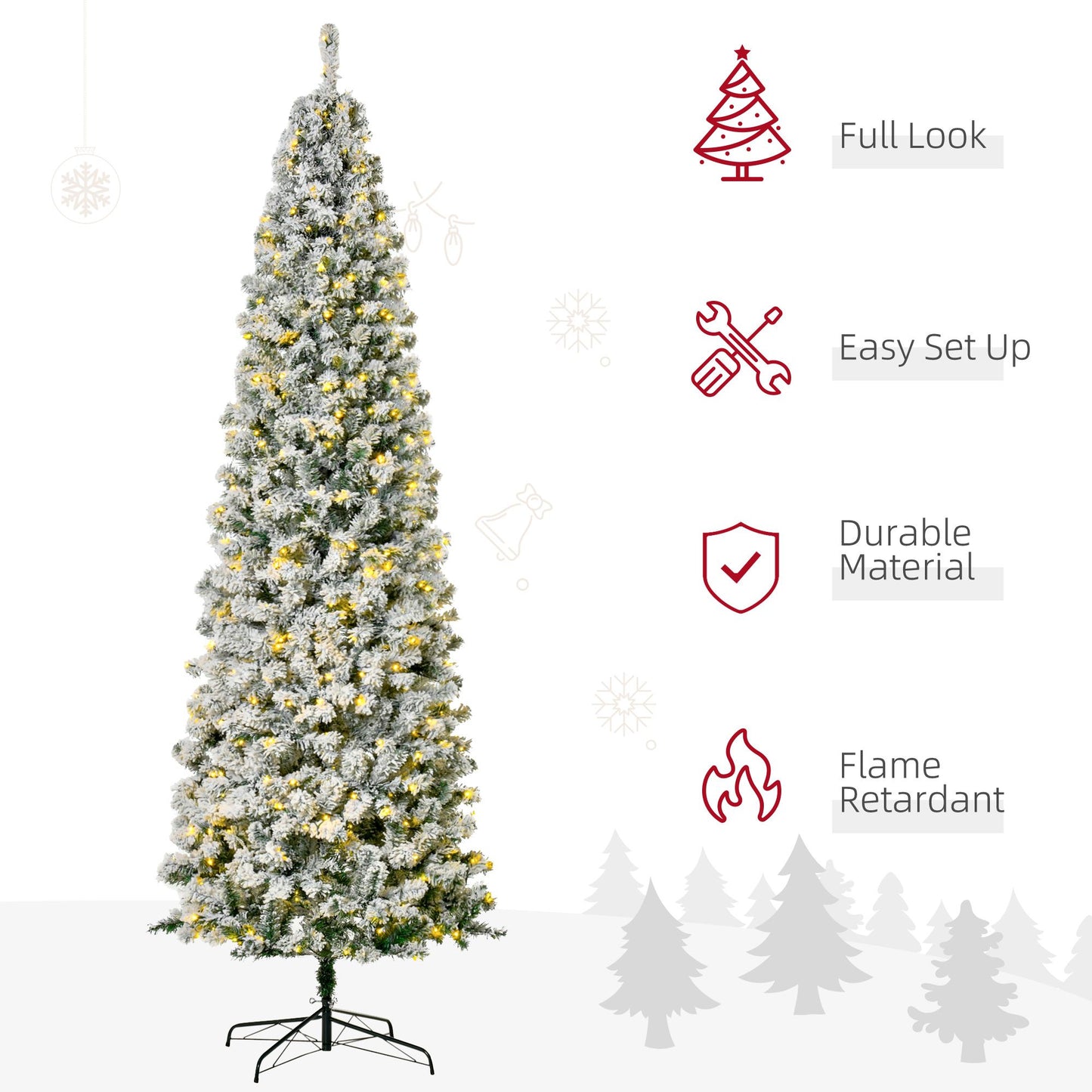 9ft Prelit Snow Flocked Pencil Christmas Tree with Warm White LED Lights
