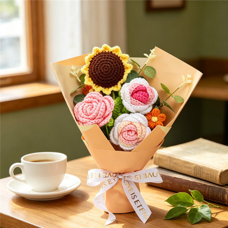Crocheted Flower Bouquet with Sunflower and Pink Roses - Handmade Home Decor Gift