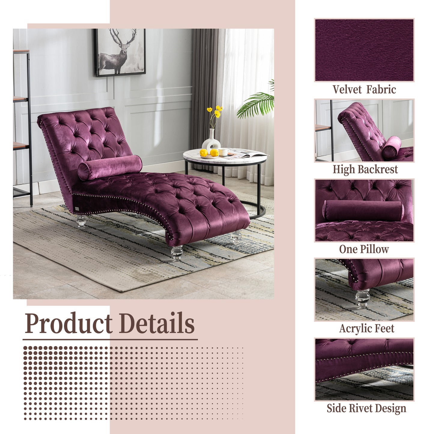 Purple Velvet Chaise Lounge Chair - Button-Tufted with Pillow