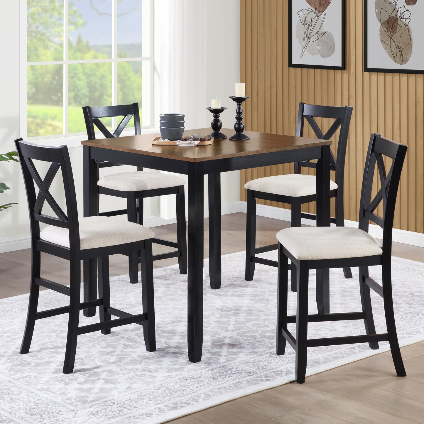 Counter Height Dining Table Set with 4 Chairs - Black & Oak