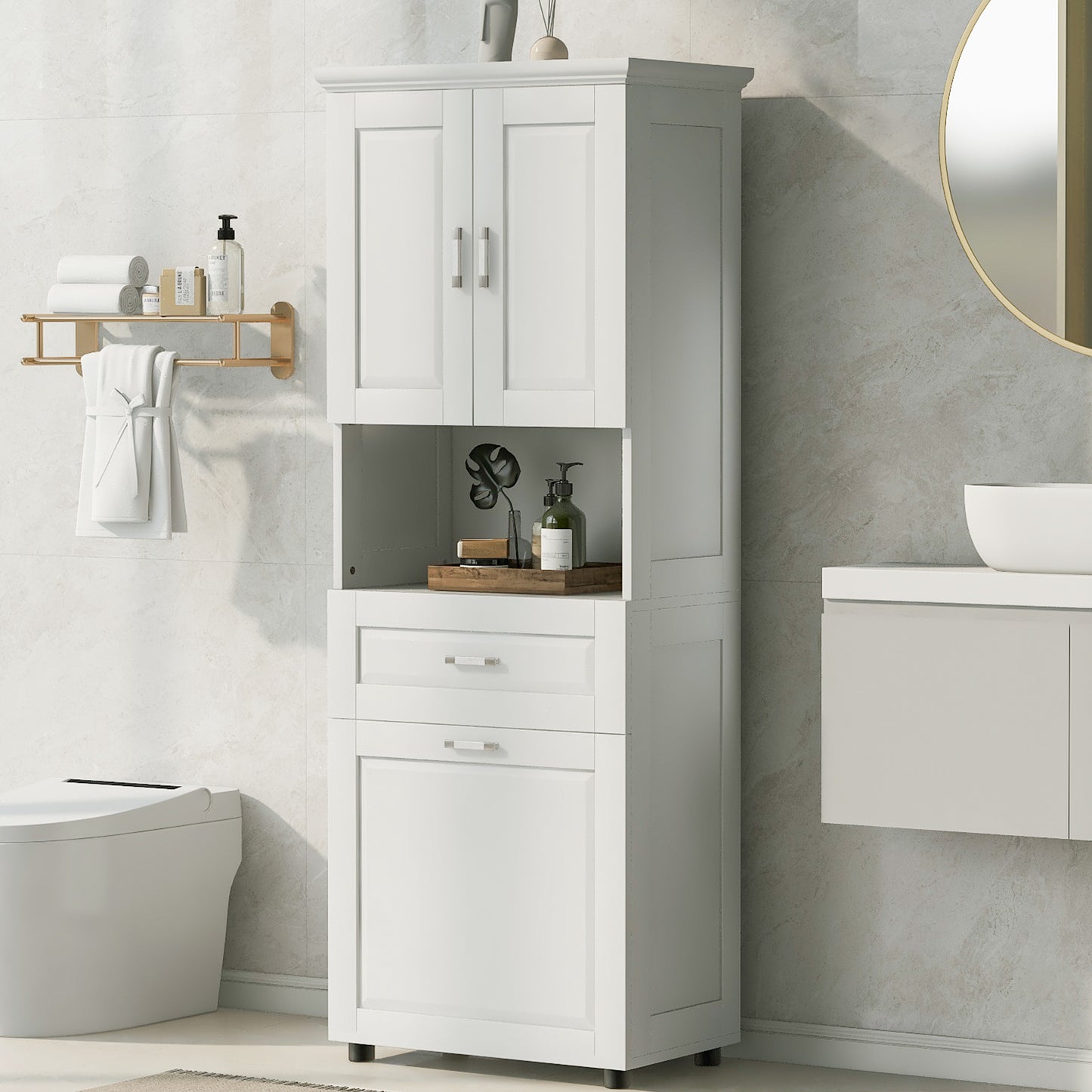 Tall Bathroom Cabinet with Laundry Basket - White Storage Unit