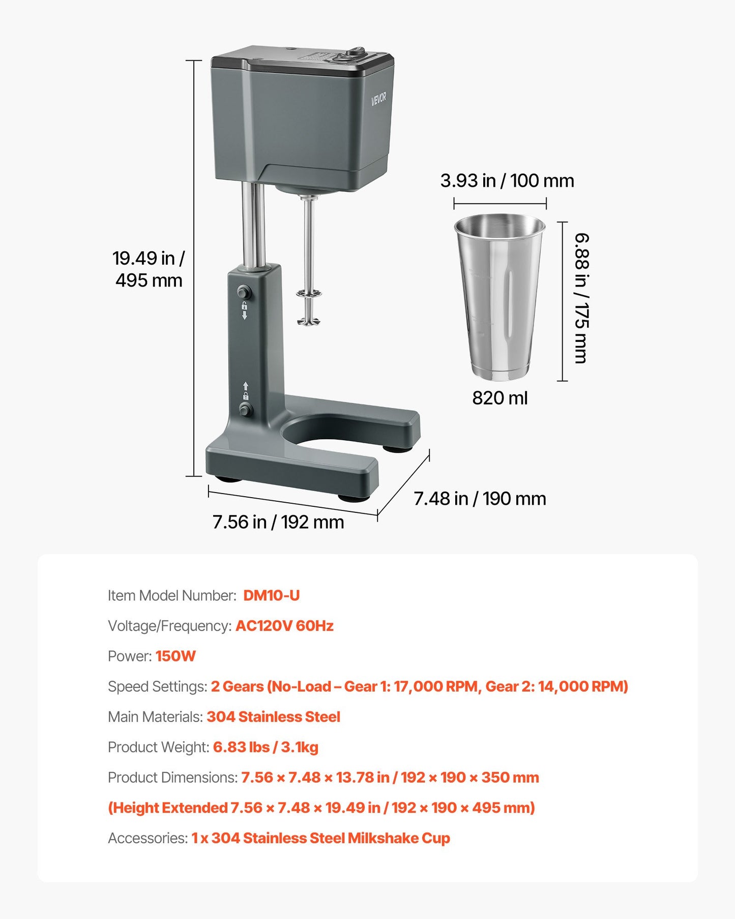 Milkshake Maker 150W Dual-Speed Electric Blender with Stainless Steel Cup