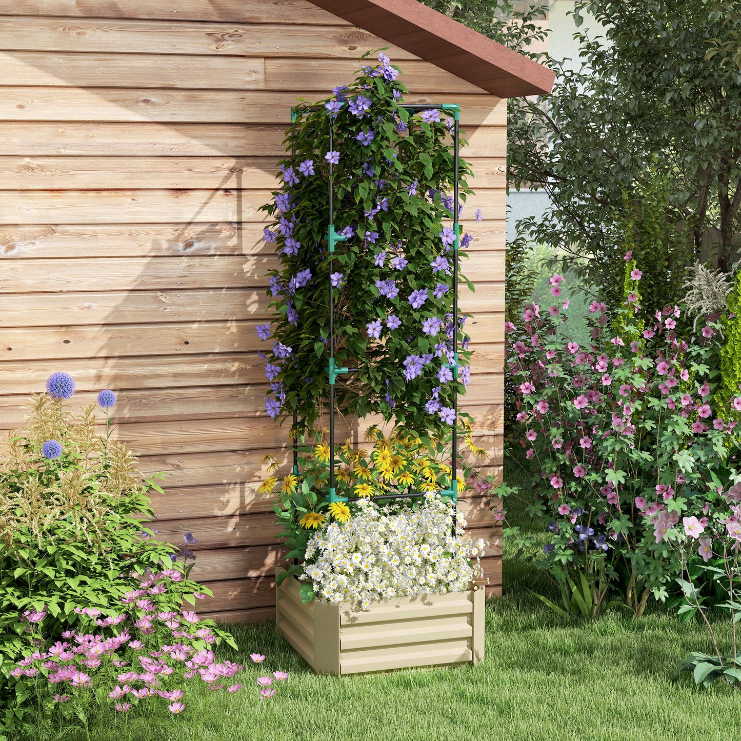 Galvanized Raised Garden Bed with Tomato Cage 24x24x73.5 inches - Cream