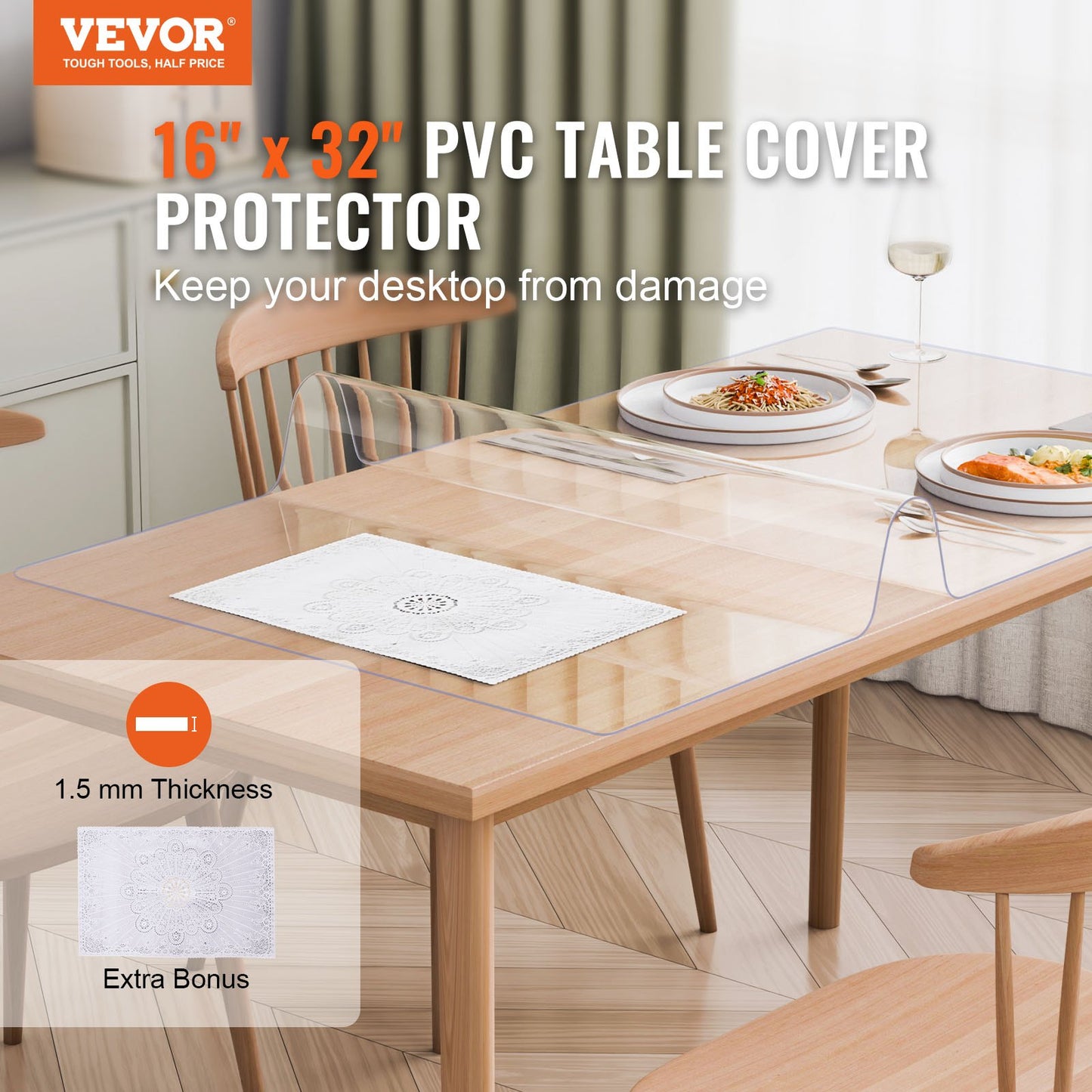 Clear PVC Table Protector 16x32 Inch - 1.5mm Thick