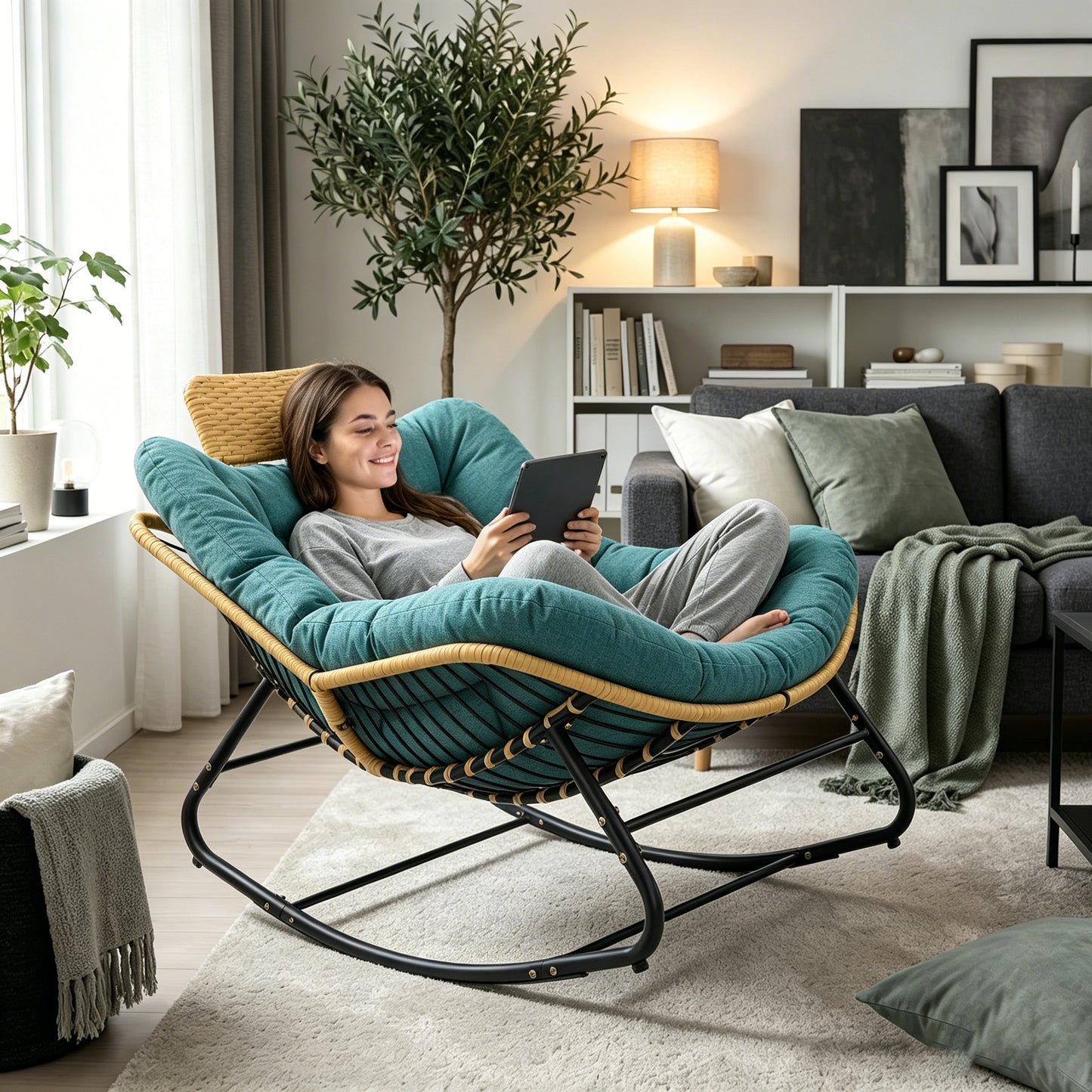 Oversized Green Papasan Rocking Chair with Thick Cushion