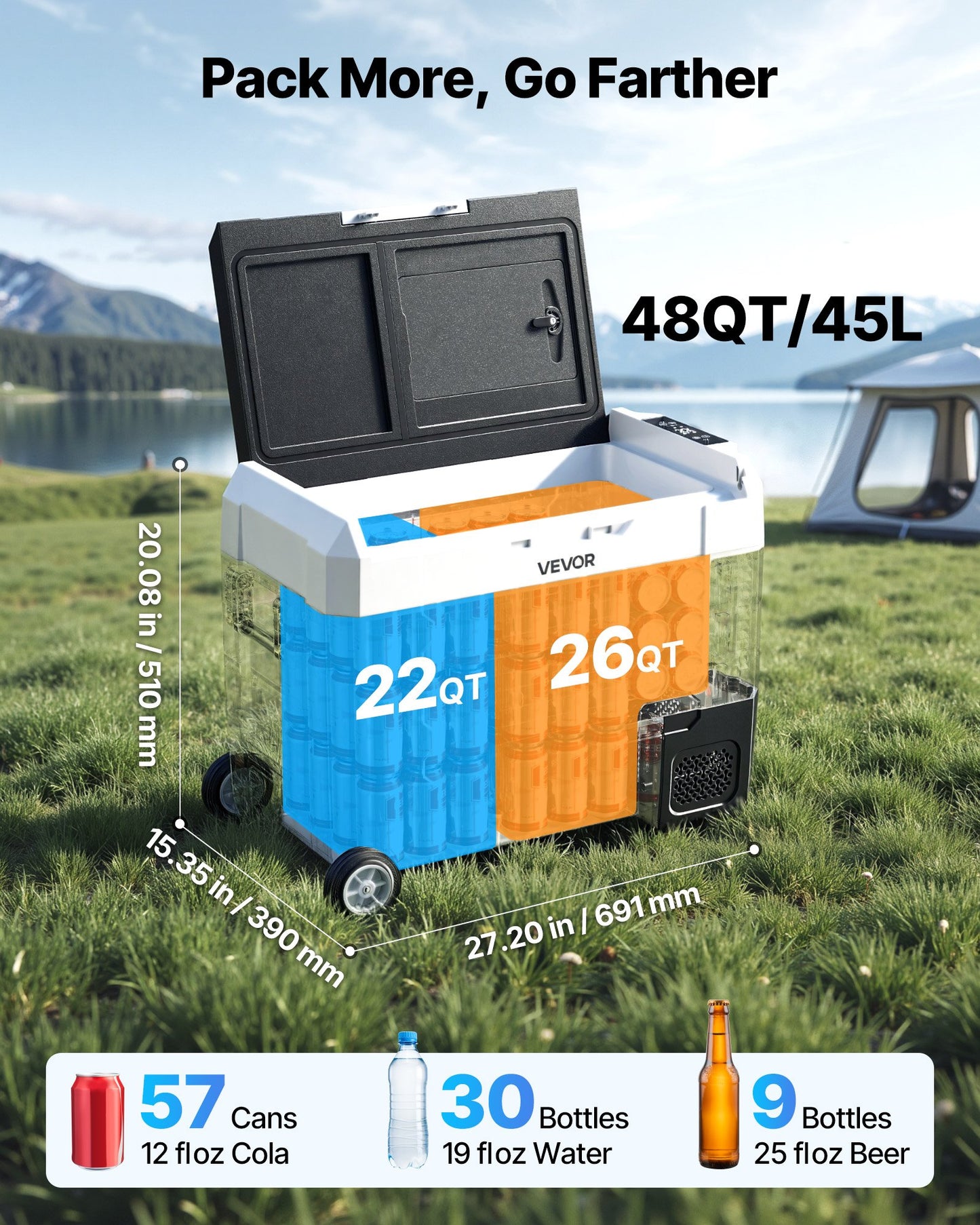 12/24V Car Refrigerator Cooler with Dual Zone, APP Control, 48QT Capacity
