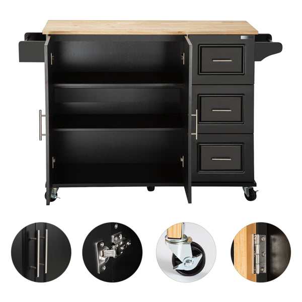 Mobile Kitchen Island Cart with Rubber Wood Top - Adjustable Storage