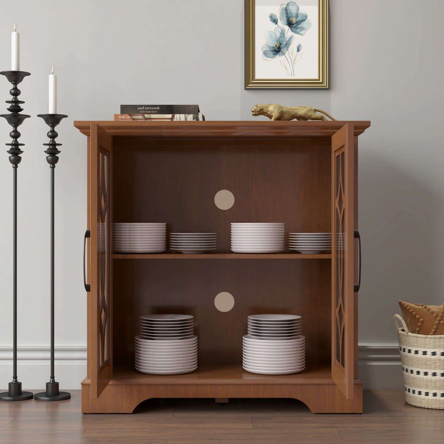 34.37X 15.55X 34.06in Spacious Size Sideboard 2 Clear Tempered Glass