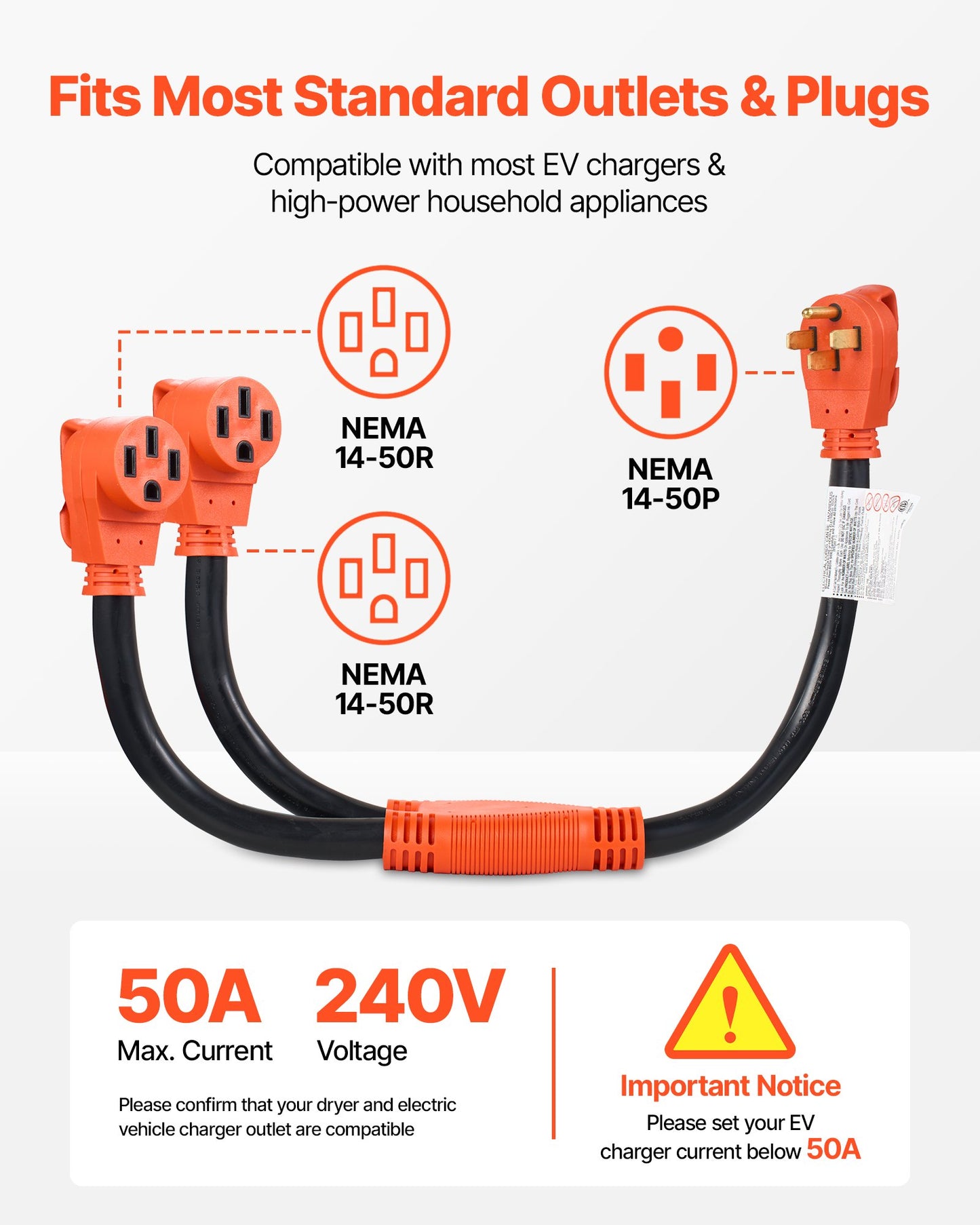 Heavy Duty Outdoor Power Extension Cord with Y Splitter, 50 Amp NEMA 14-50, 3 ft Black