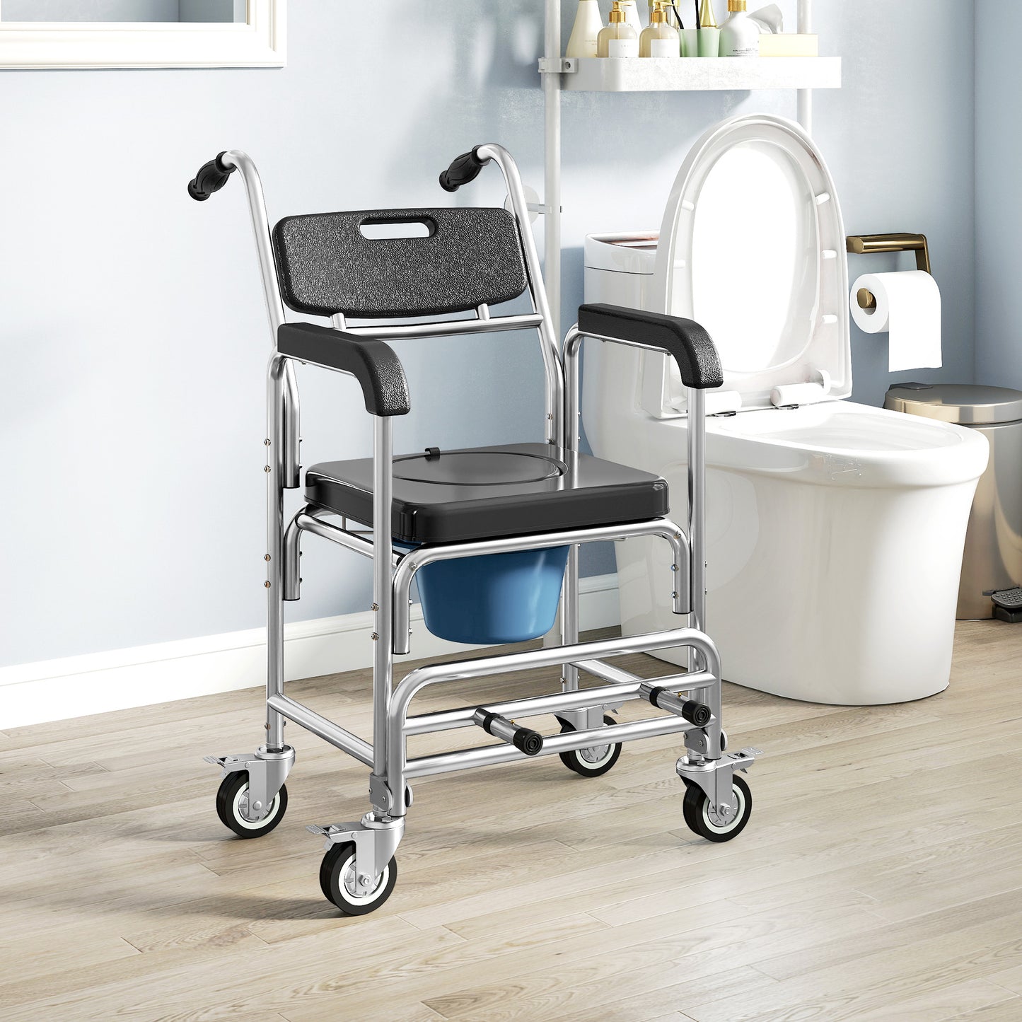 3-in-1 Shower Commode Wheelchair - Black Medical Rolling Chair