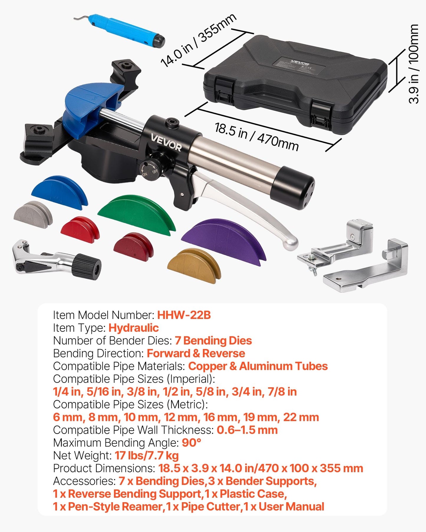 Hydraulic Tube Bender Kit 1/4-7/8 Inch HVAC Copper Pipe Bender with 7 Aluminum Dies
