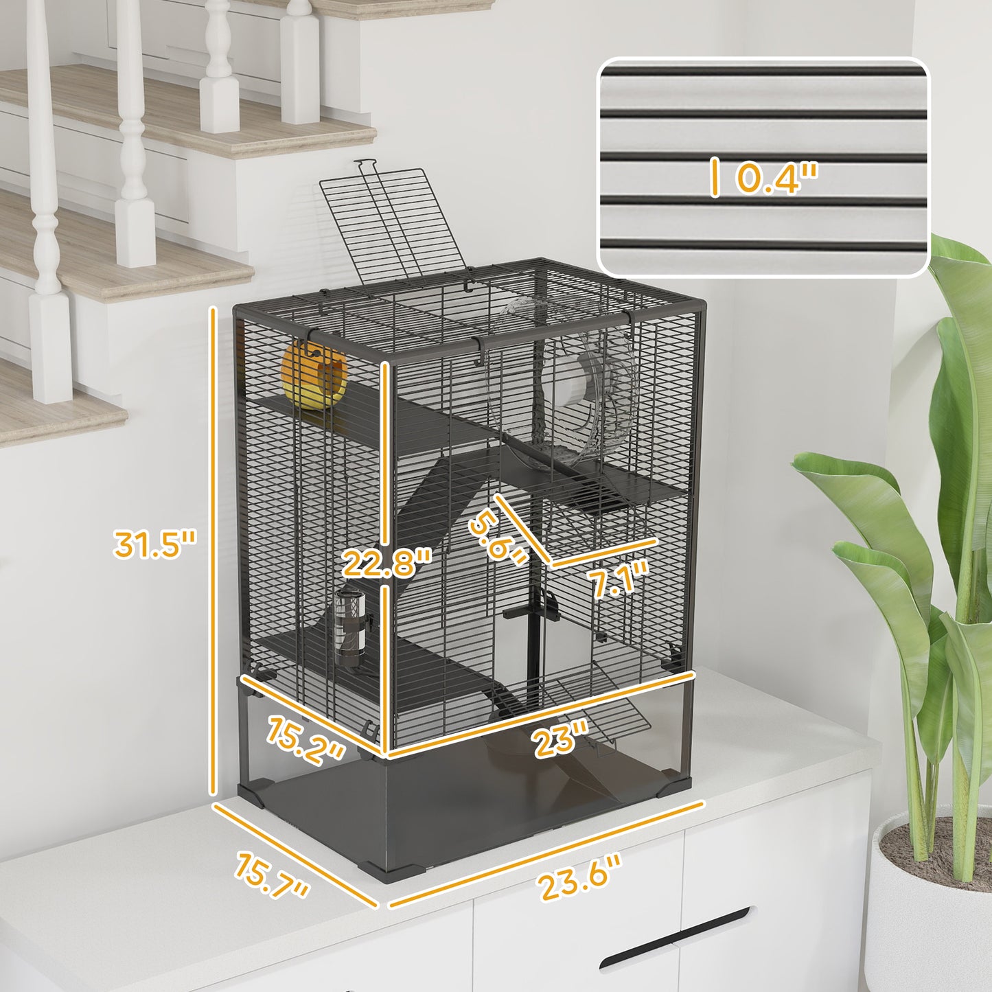 4-Tier Hamster Cage with Tempered Glass Bottom, Exercise Wheel, Hut, Water Bottle & Food Dish - Black, 24x16x31.5 Inches