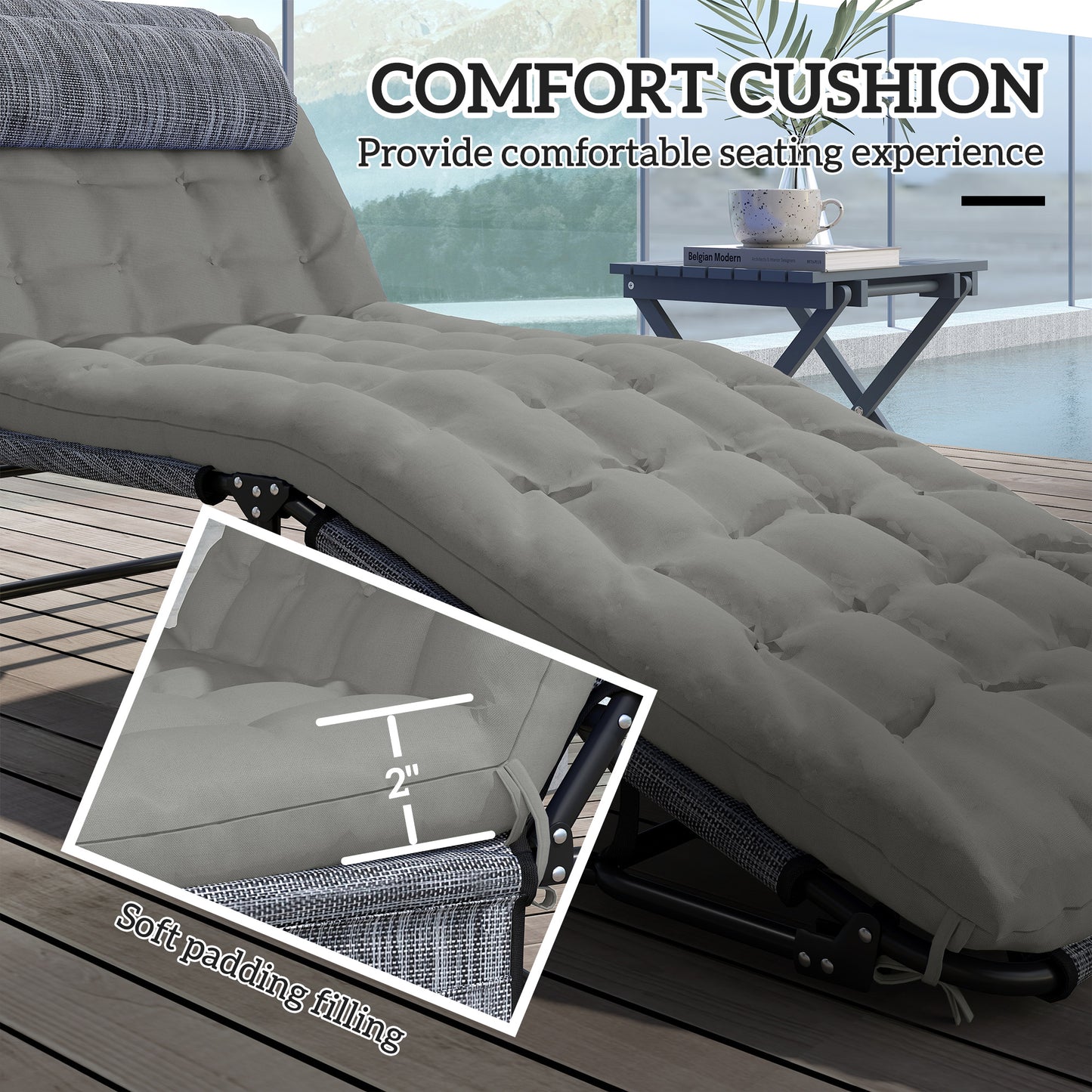 Folding Chaise Lounge Pool Chair with 4-Level Recline, Cushion & Pocket - Gray