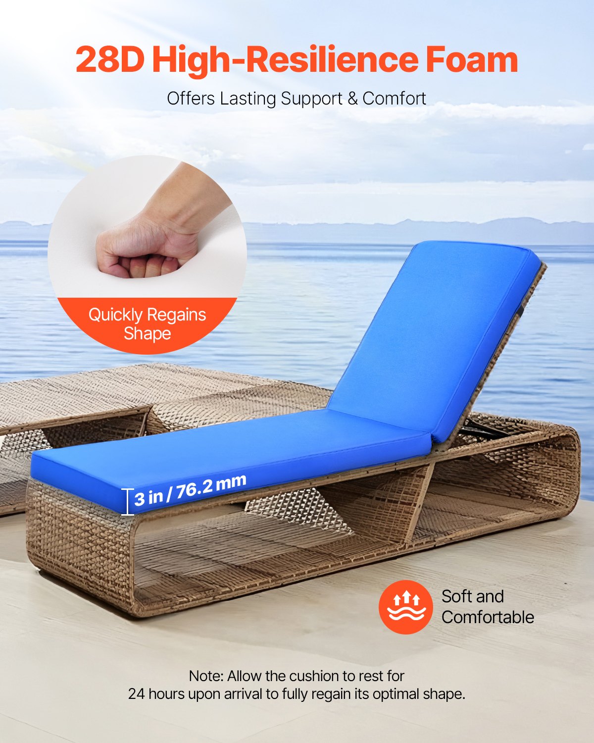 Outdoor Chaise Lounge Cushion with Ties - Waterproof Thick Support for Garden Chairs, Blue