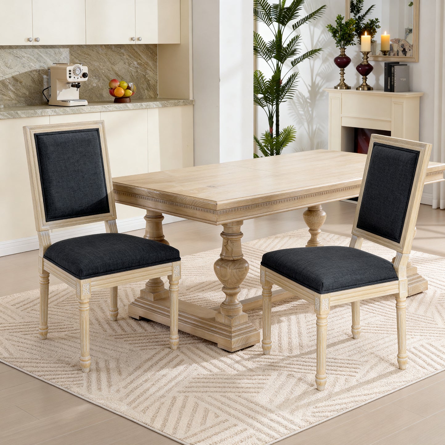 French Country Dining Chairs Set of 2 - Upholstered Grey