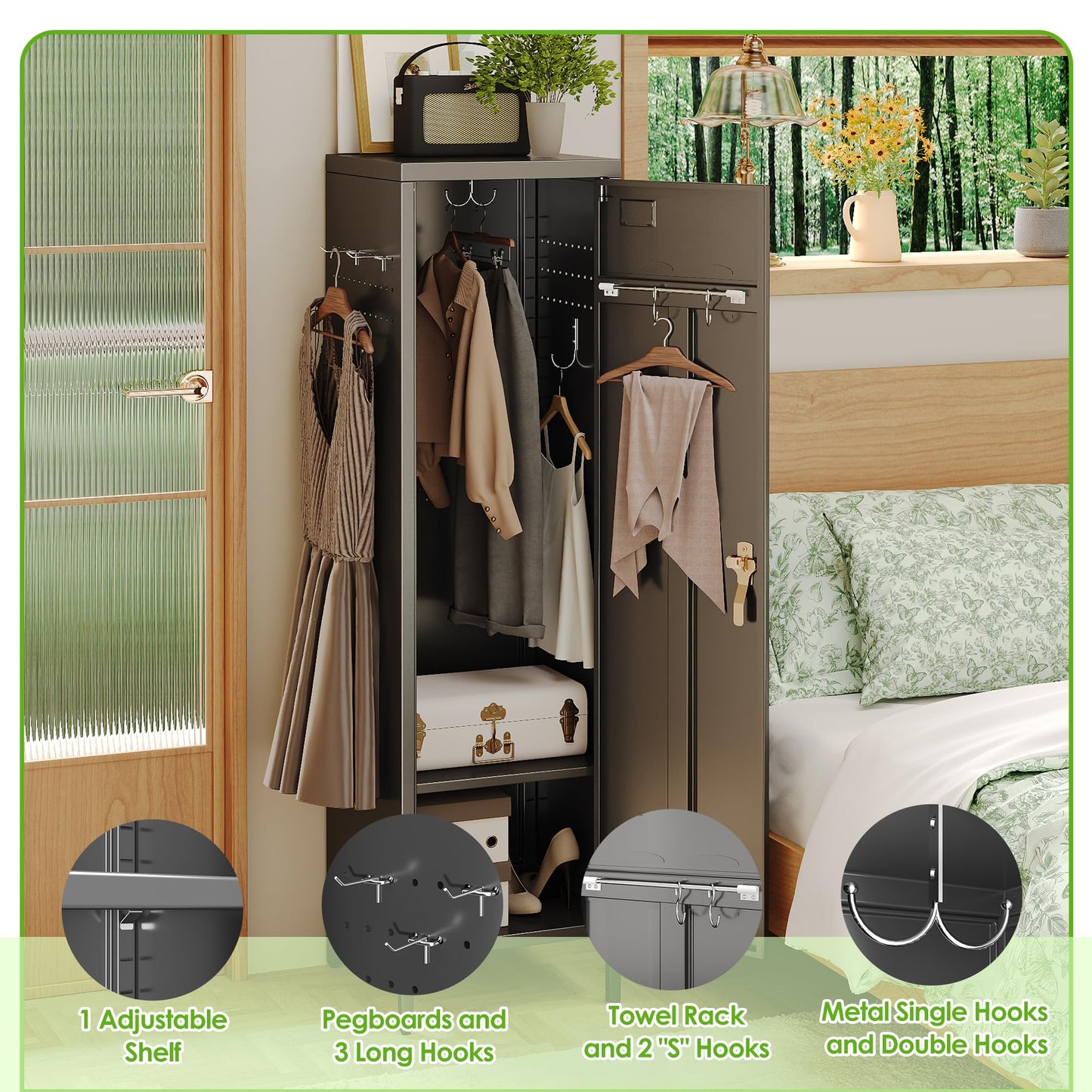 Metal Storage Locker with Handle and Hanging Rod - Black
